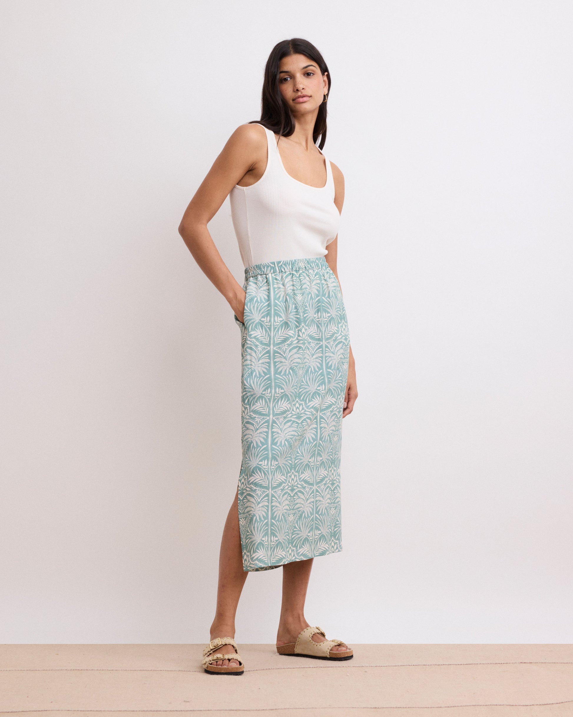 Jupe Femme en Viscose Imprimé Palmiers Vert Jetty