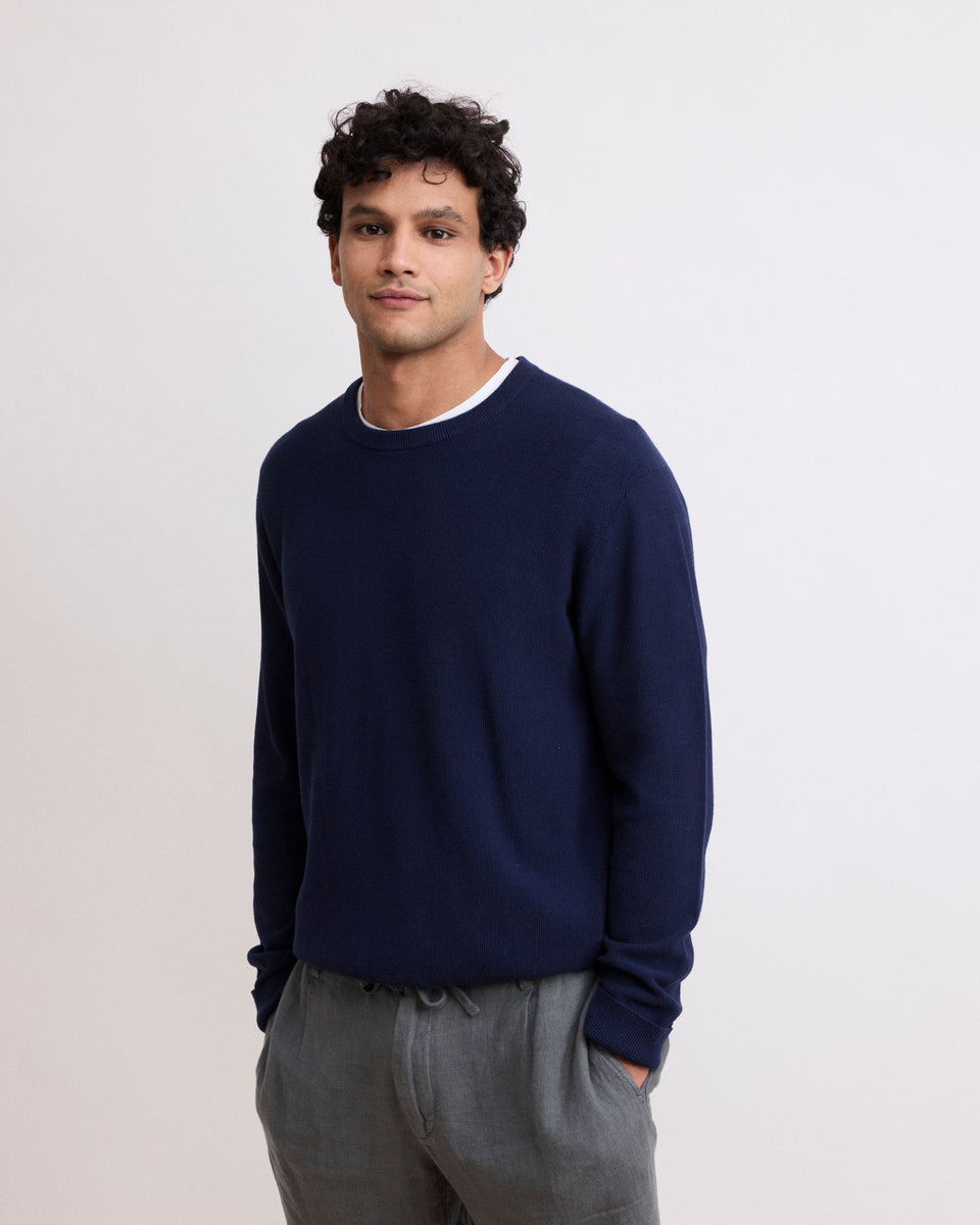 Men's Deep Blue Piqué Cotton Sweater - Image principale