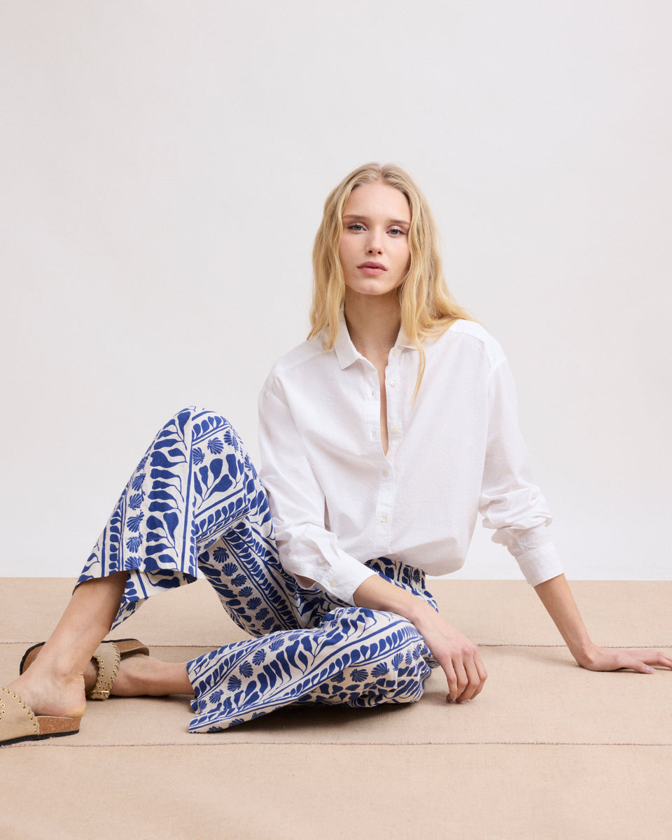 Palermo Blue Pantalones con estampado de conchas de lino y algodón para mujer - Image principale