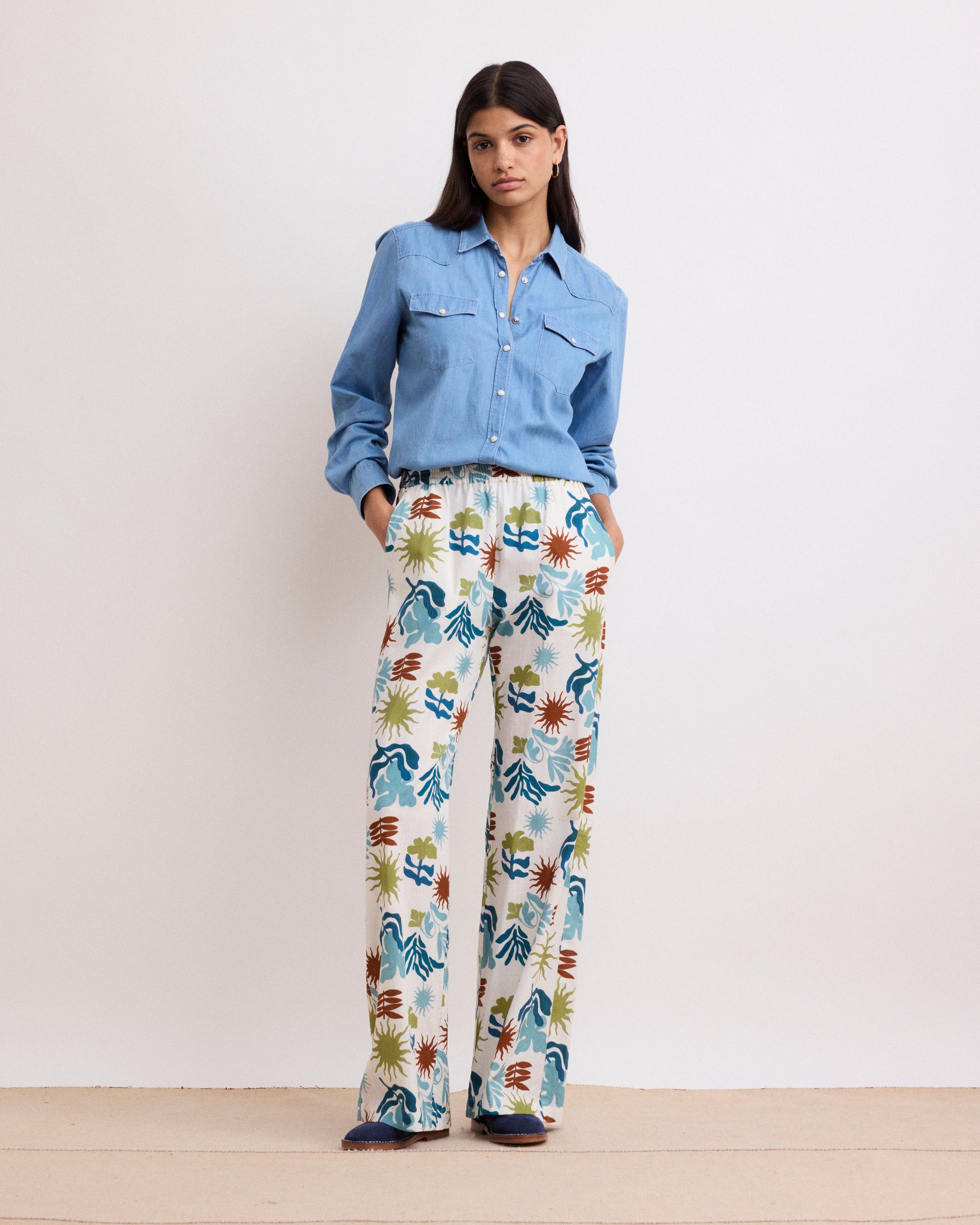 Pantalon Femme en Coton Imprimé Estival Bleu Palladium