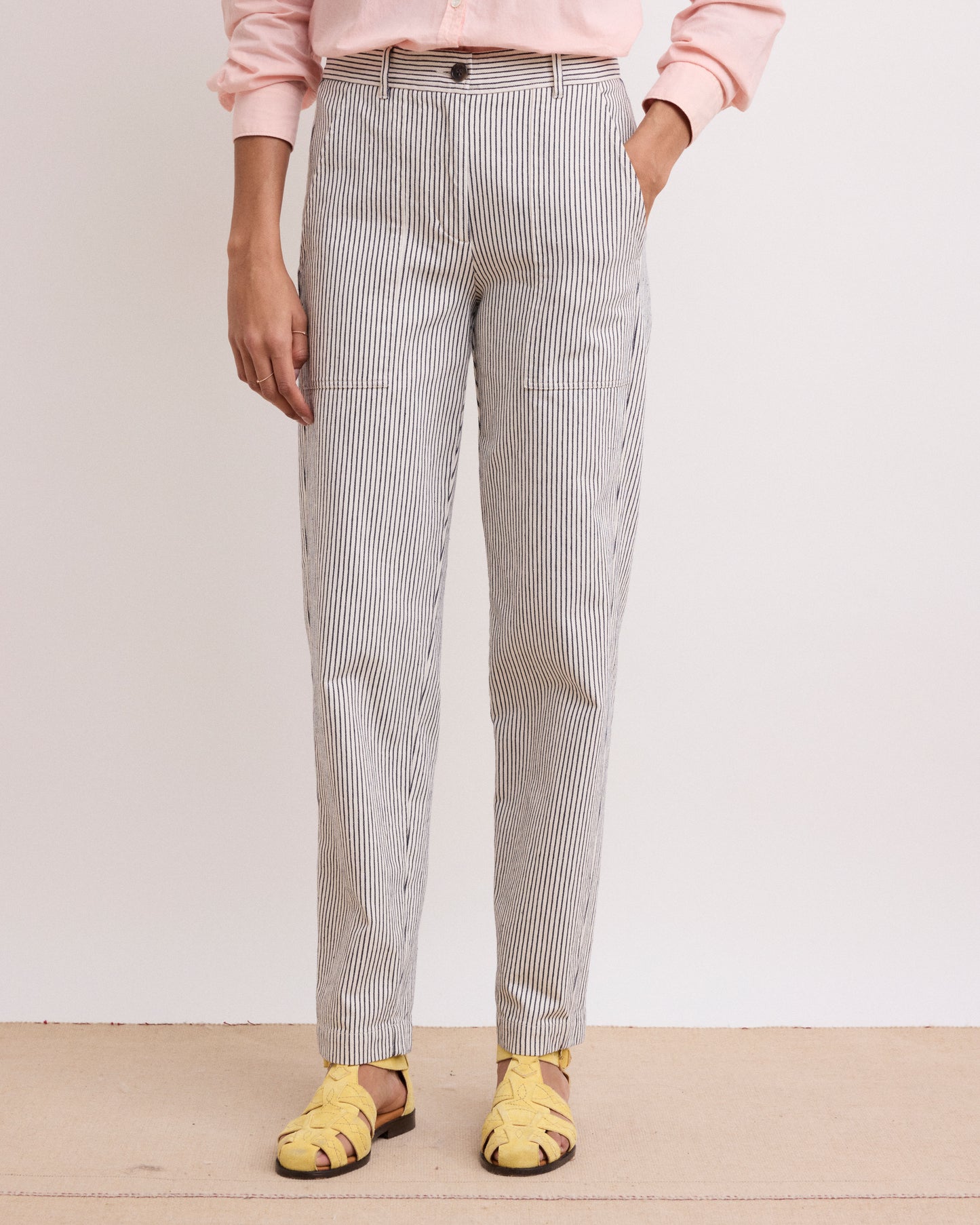 Pantalon Femme en Twill de Coton Rayé Blanc & Bleu Pastora