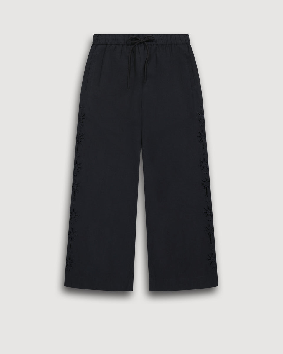 Pantalon Fille en Voile de Coton brodé Noir Palma - Image principale