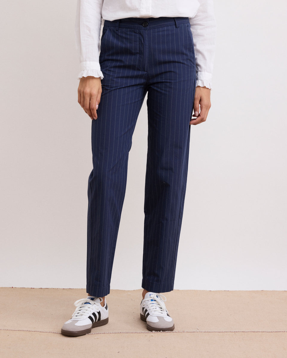 Perfect Women's Navy Blue Striped Poplin Pants - Image alternative