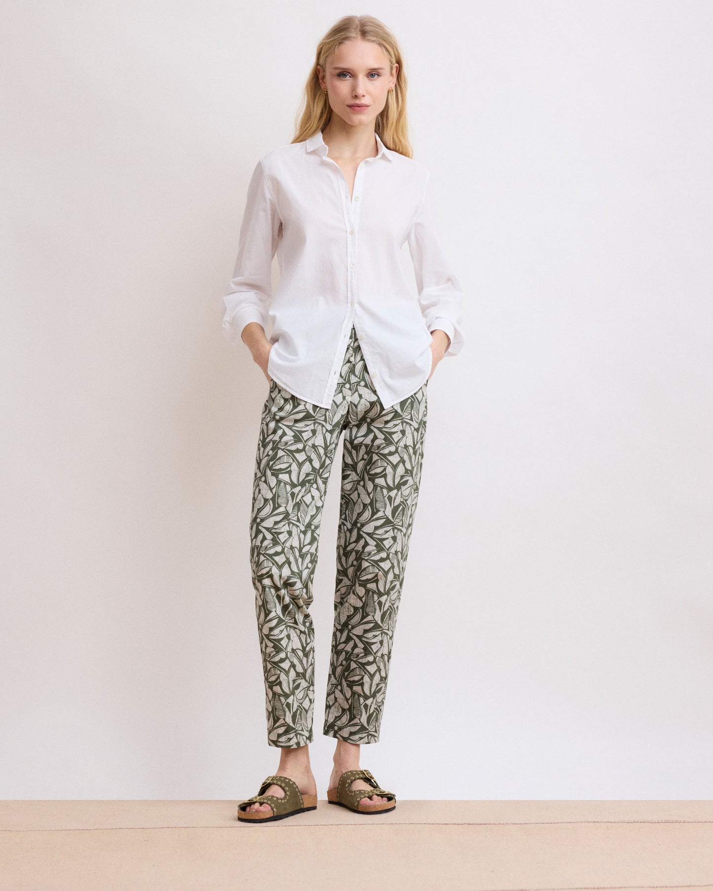 Pantalon Femme en Coton Imprimé Géométrique Vert Militaire Perfect