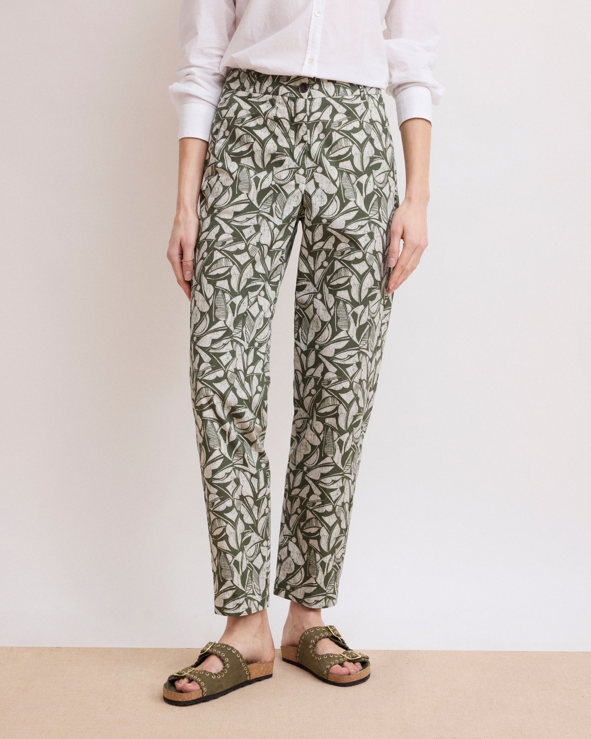 Pantalon Femme en Coton Imprimé Géométrique Vert Militaire Perfect