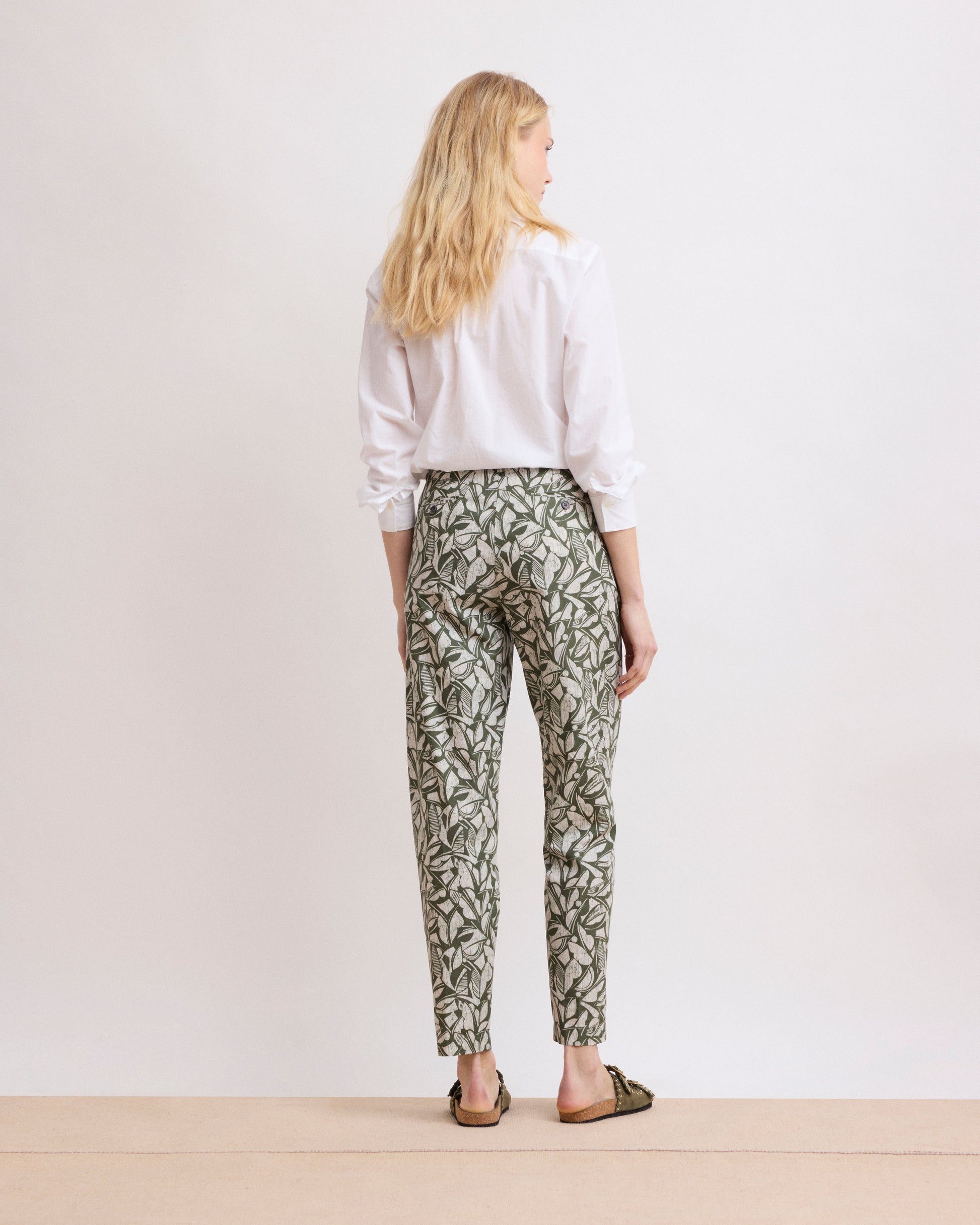 Pantalon Femme en Coton Imprimé Géométrique Vert Militaire Perfect