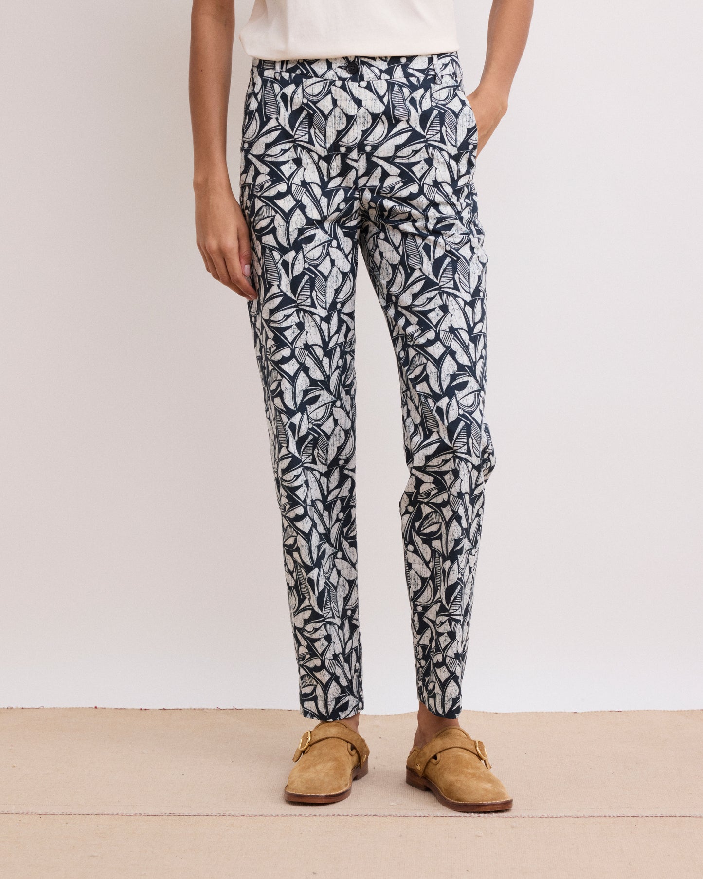 Pantalon Femme en Coton Imprimé Géométrique Bleu Marine Perfect