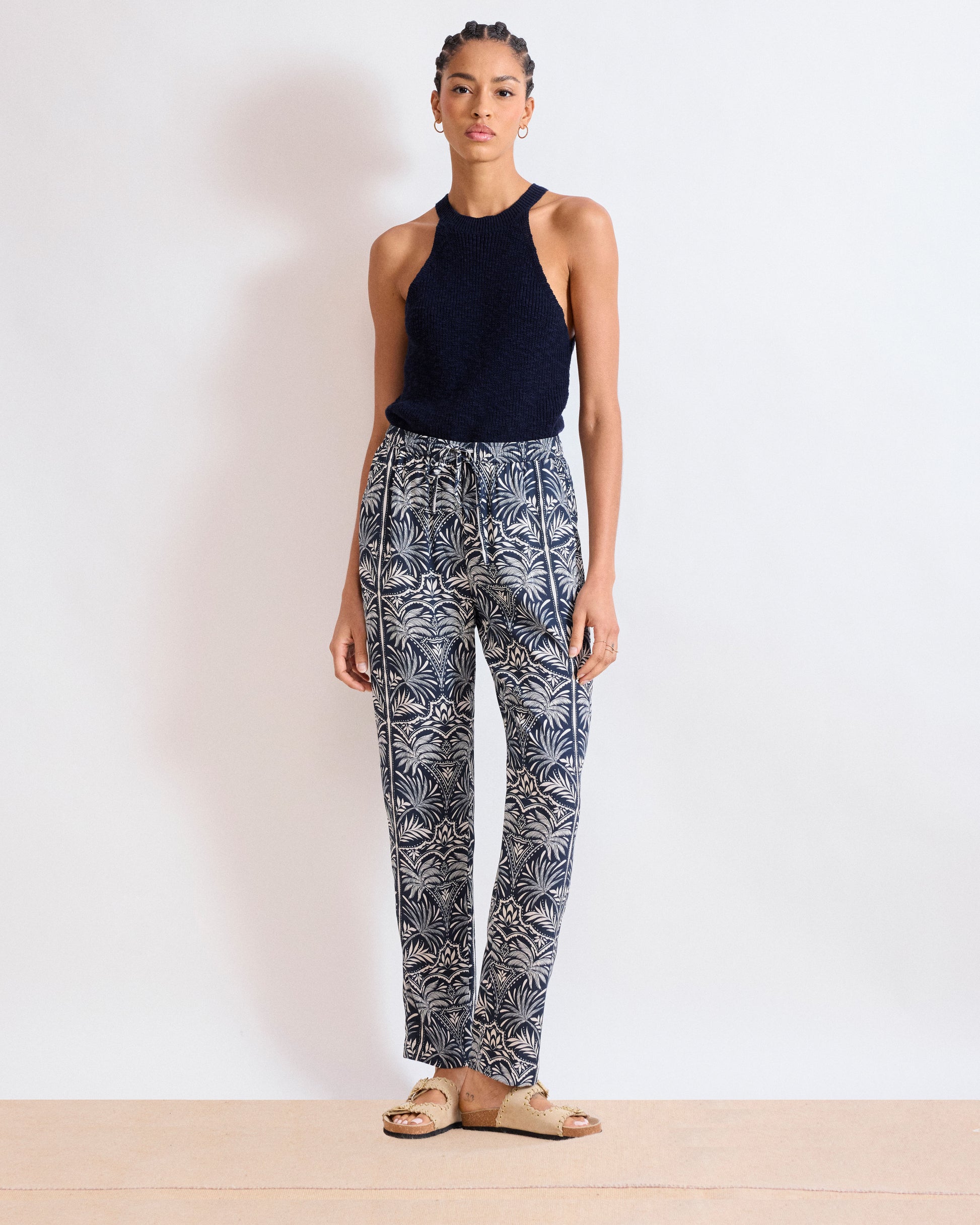 Pantalon Femme en Viscose Imprimé Palmiers Bleu Marine Perline