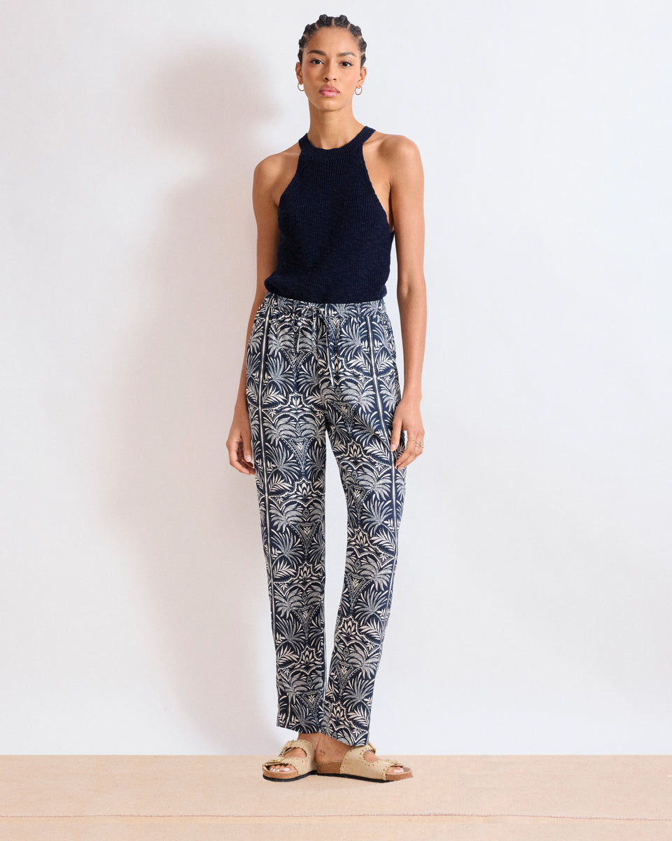 Perline Women's Deep Blue Viscose Palm Printed Pants - Image principale