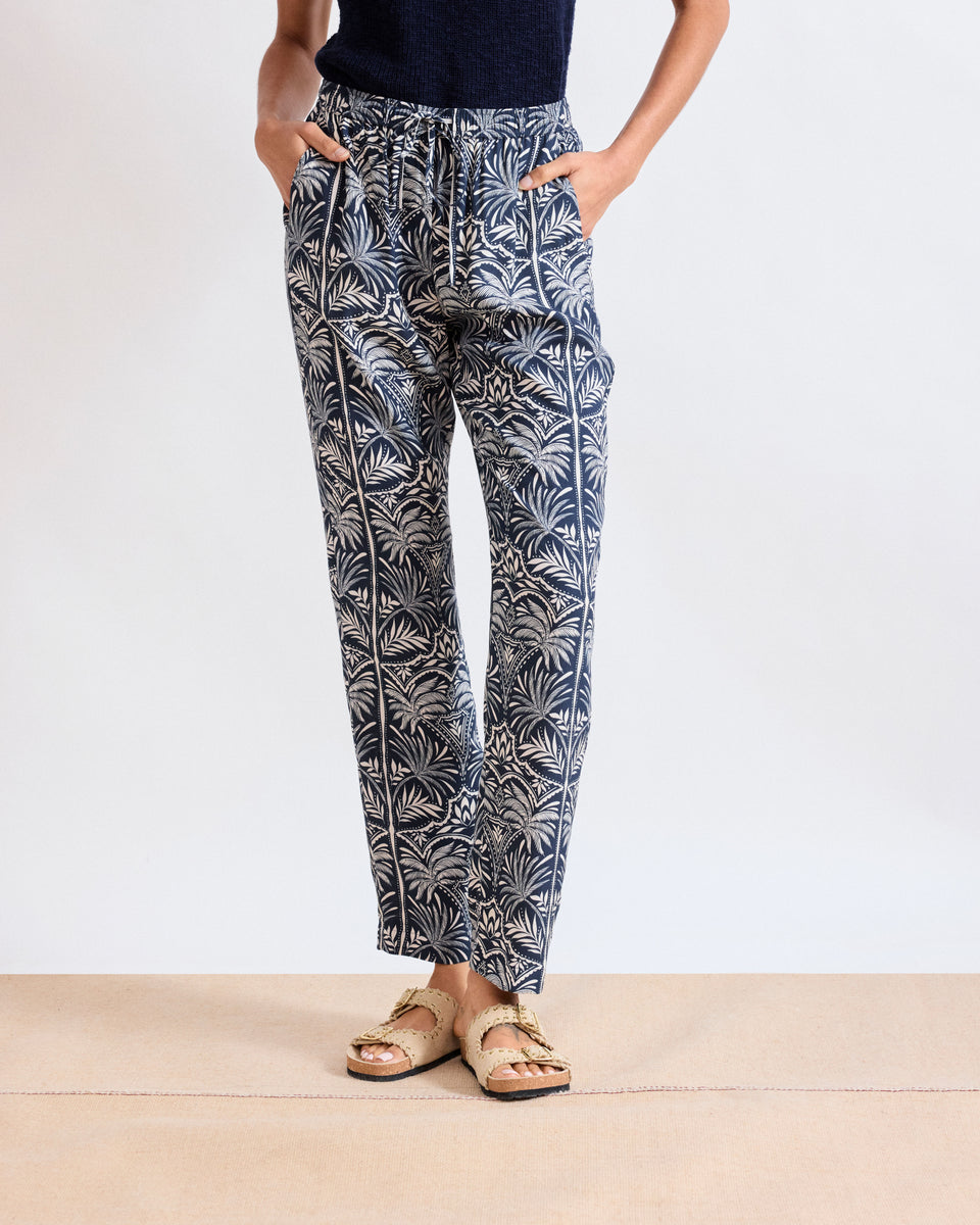 Perline Women's Deep Blue Viscose Palm Printed Pants - Image alternative