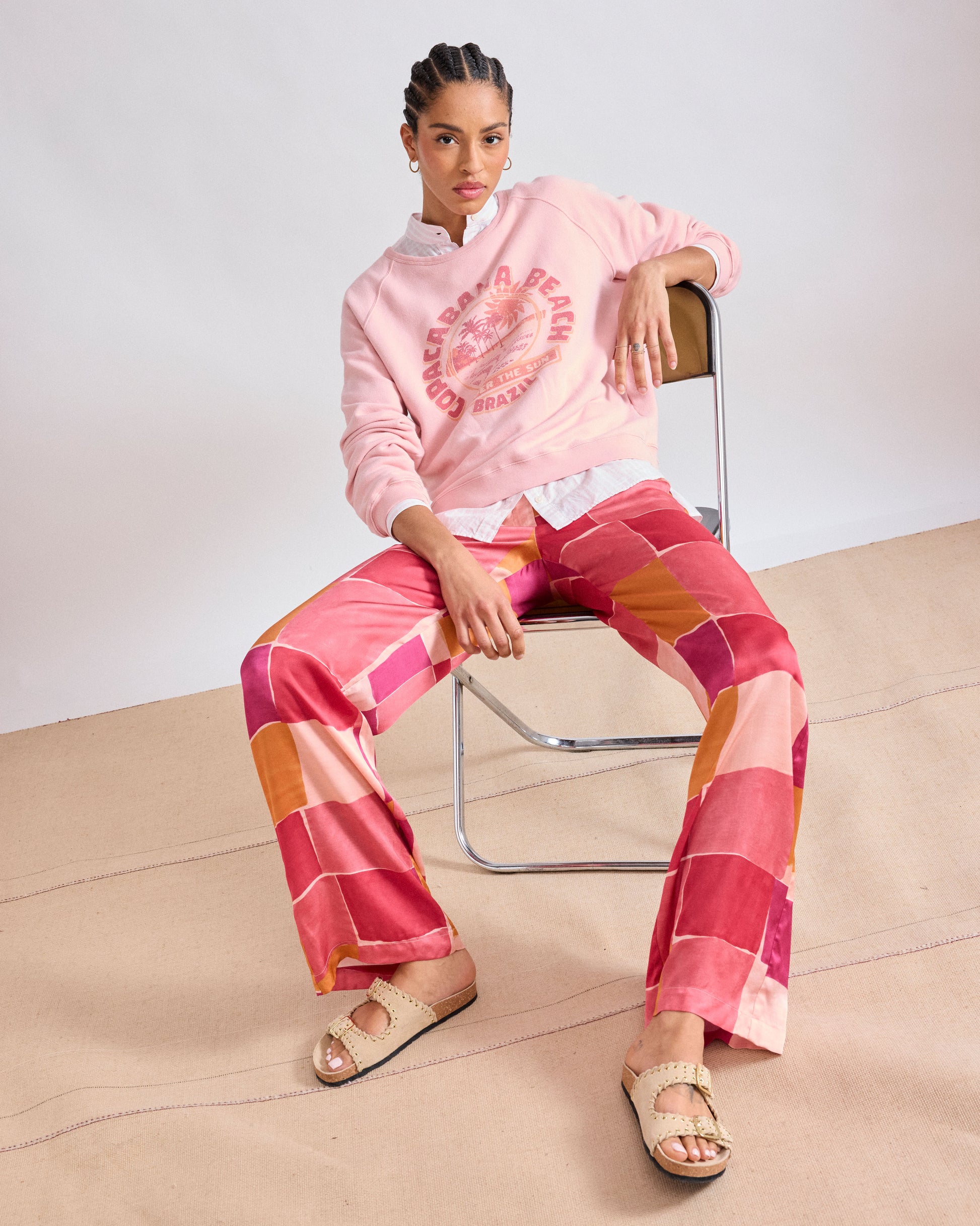 Pantalon Femme en satin de viscose Imprimé géométrique Rose Positano