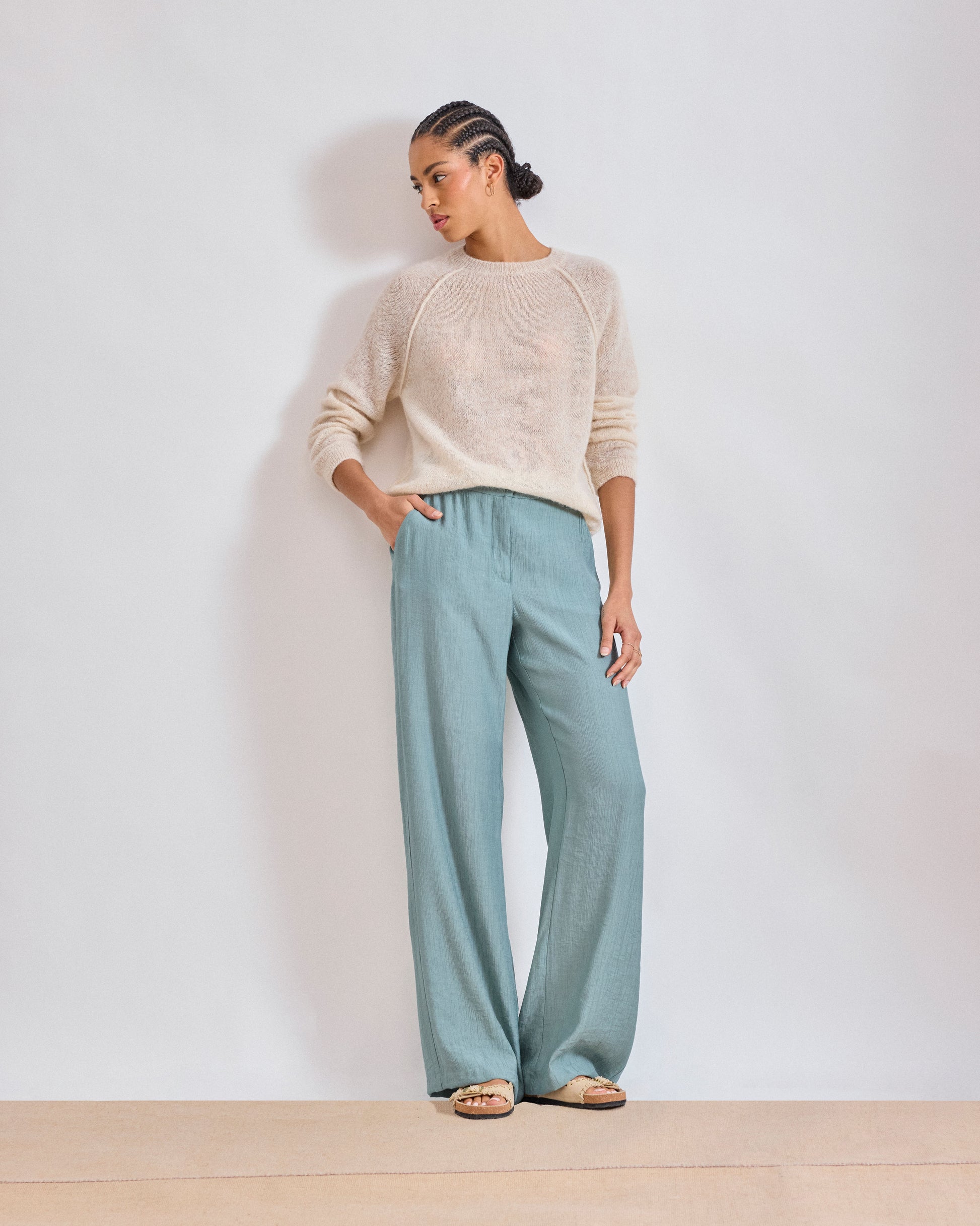 Pantalon Femme en Viscose Froissée Vert Positano