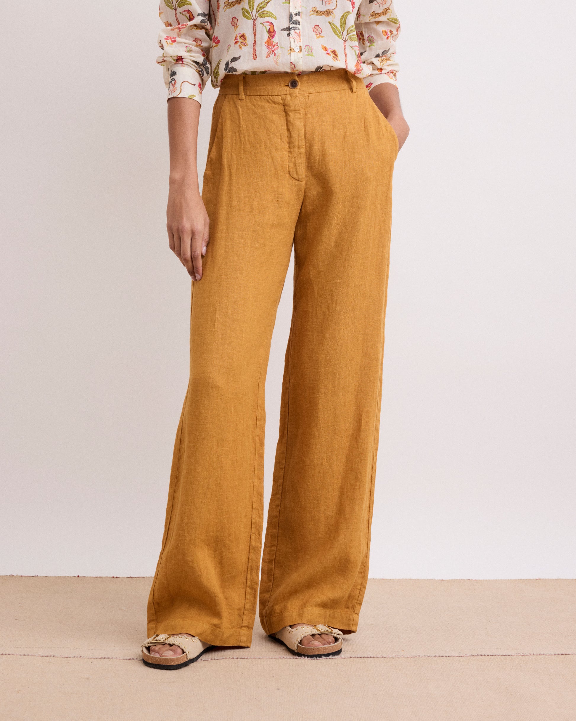 Pantalon Femme en Lin Moutarde Positanon