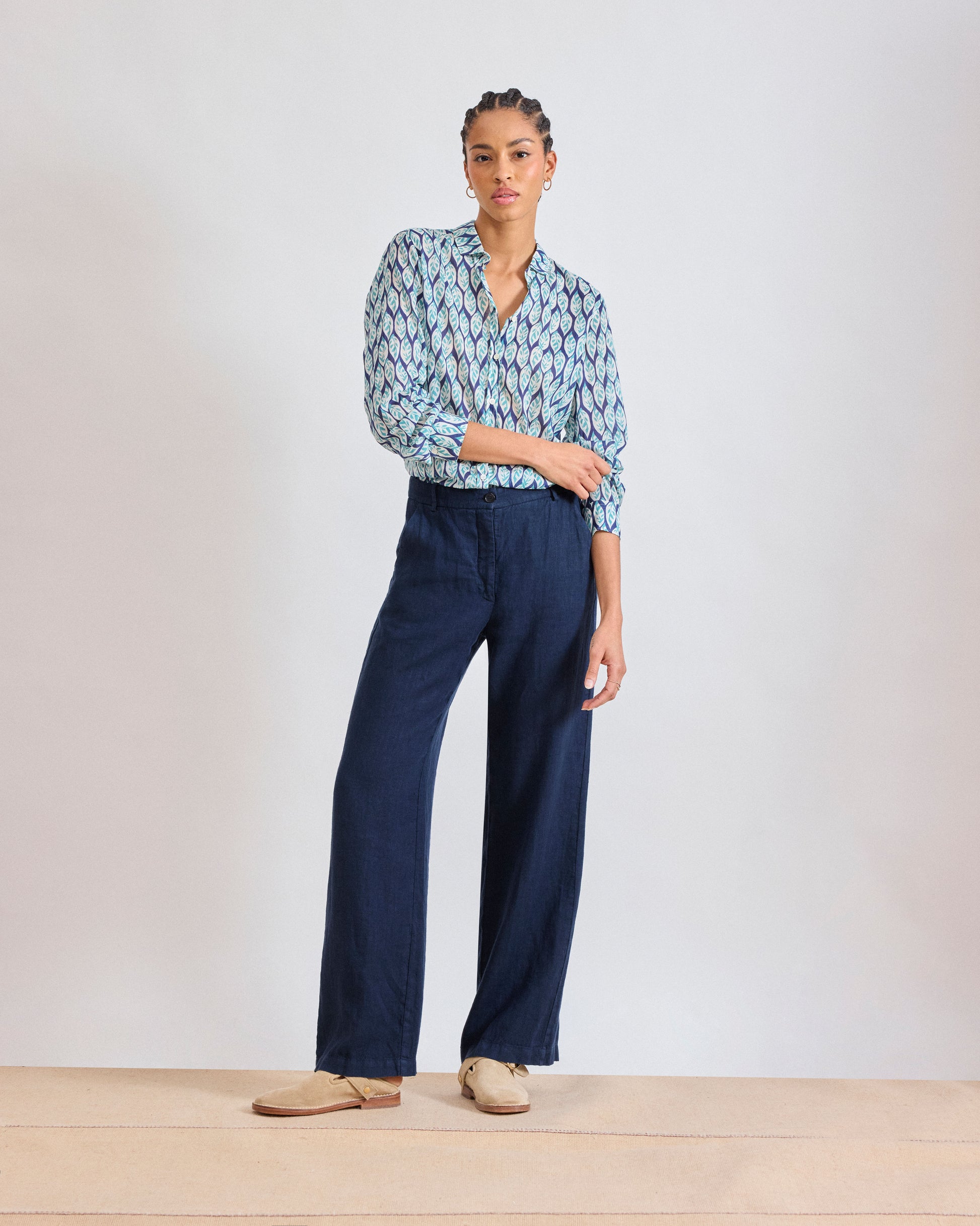 Pantalon Femme en Lin Bleu Marine Positanon