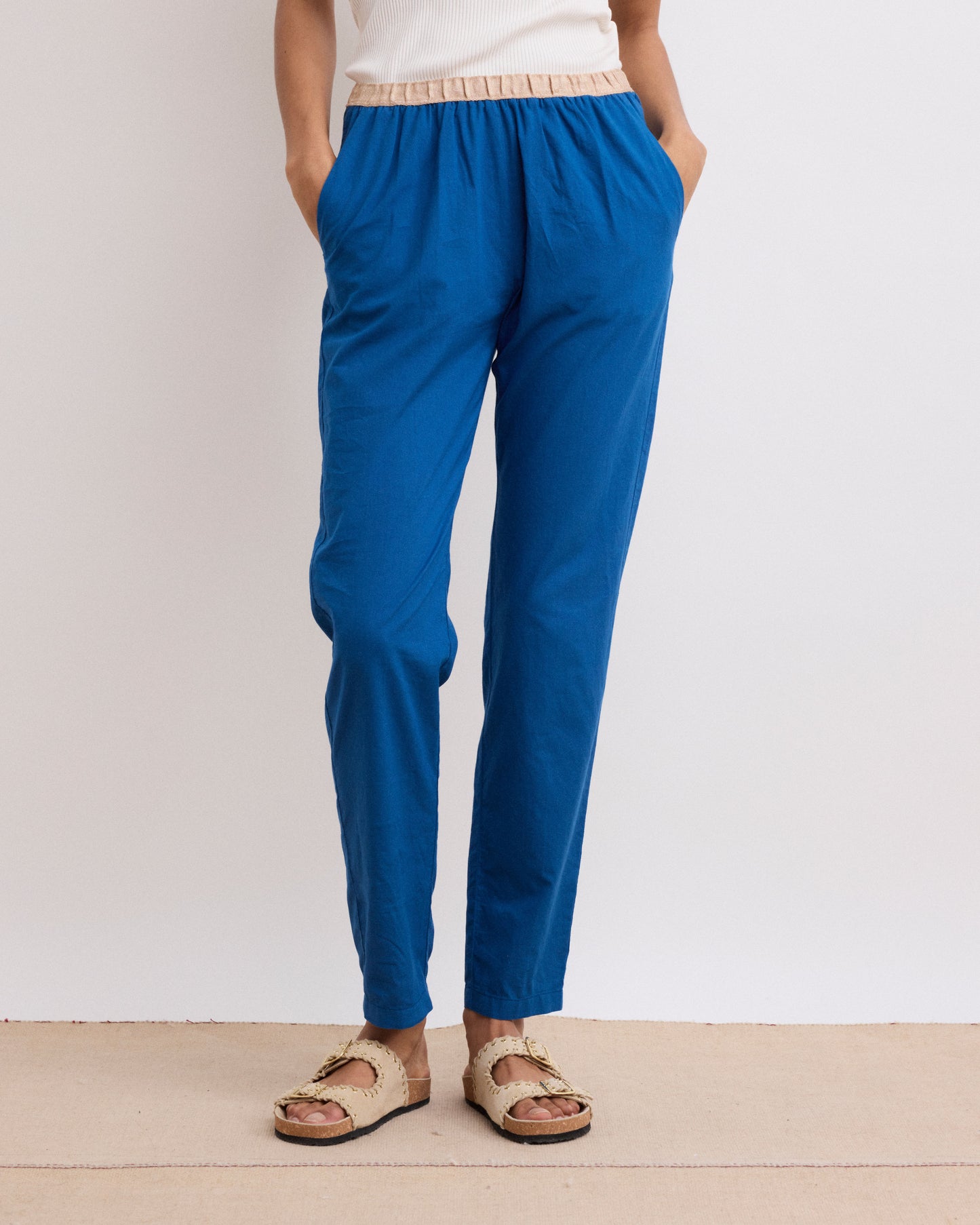 Pantalon Femme en Voile de Coton Bleu Pove