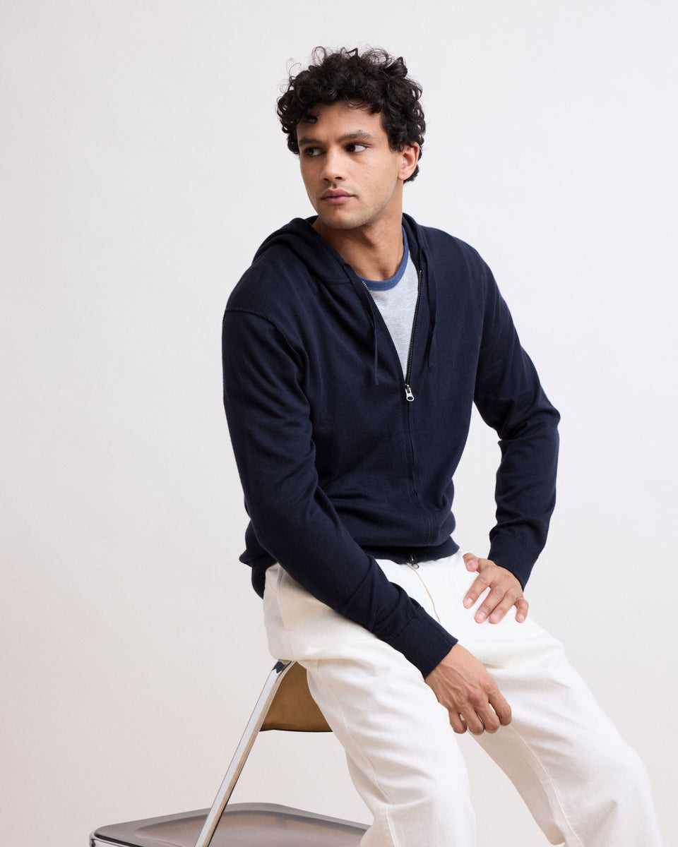 Pull Homme en Coton Supima & Cachemire Bleu Marine Hoody - Image principale