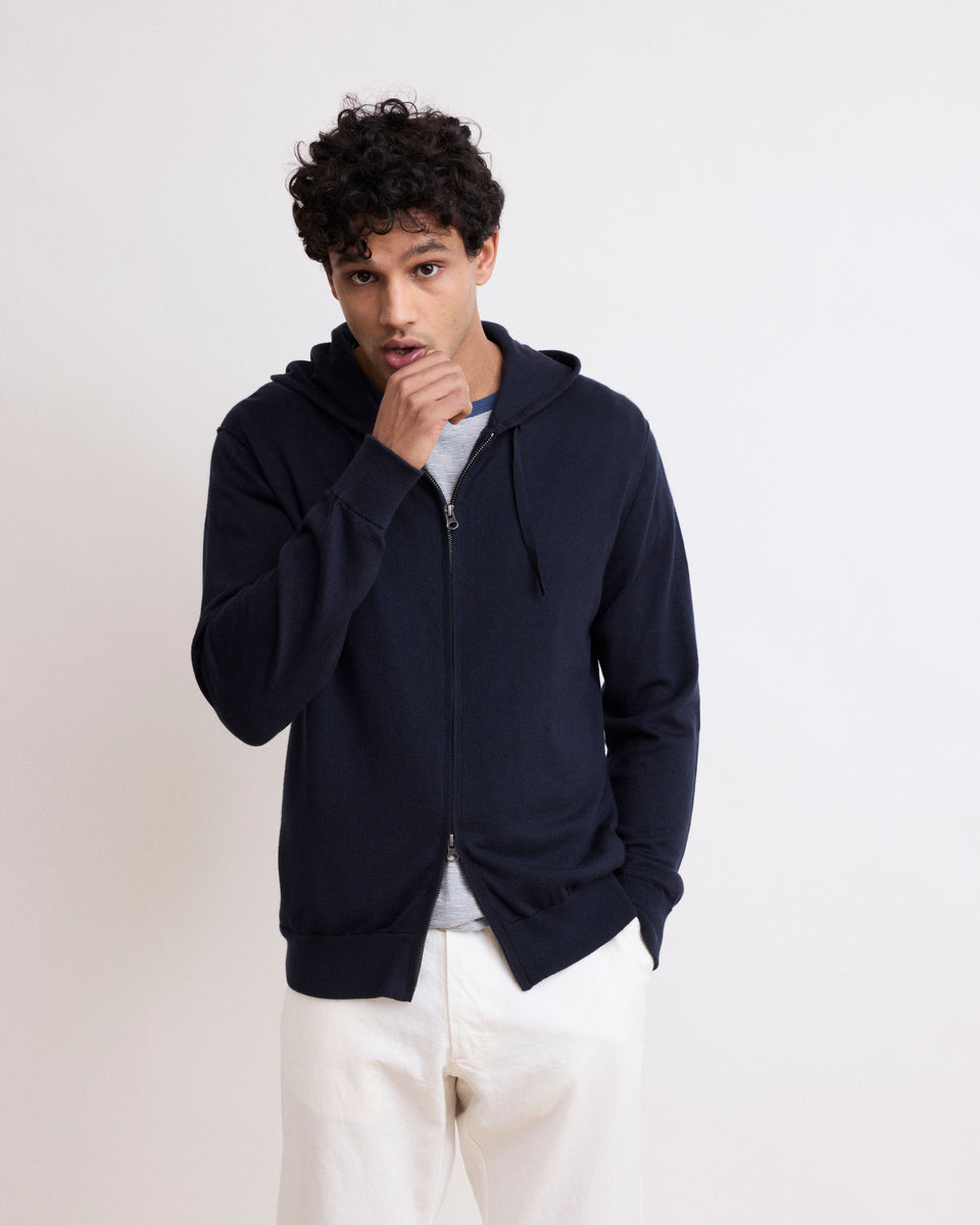 Men's Deep Blue Supima Cotton & Cashmere Hoody Sweater - Image alternative