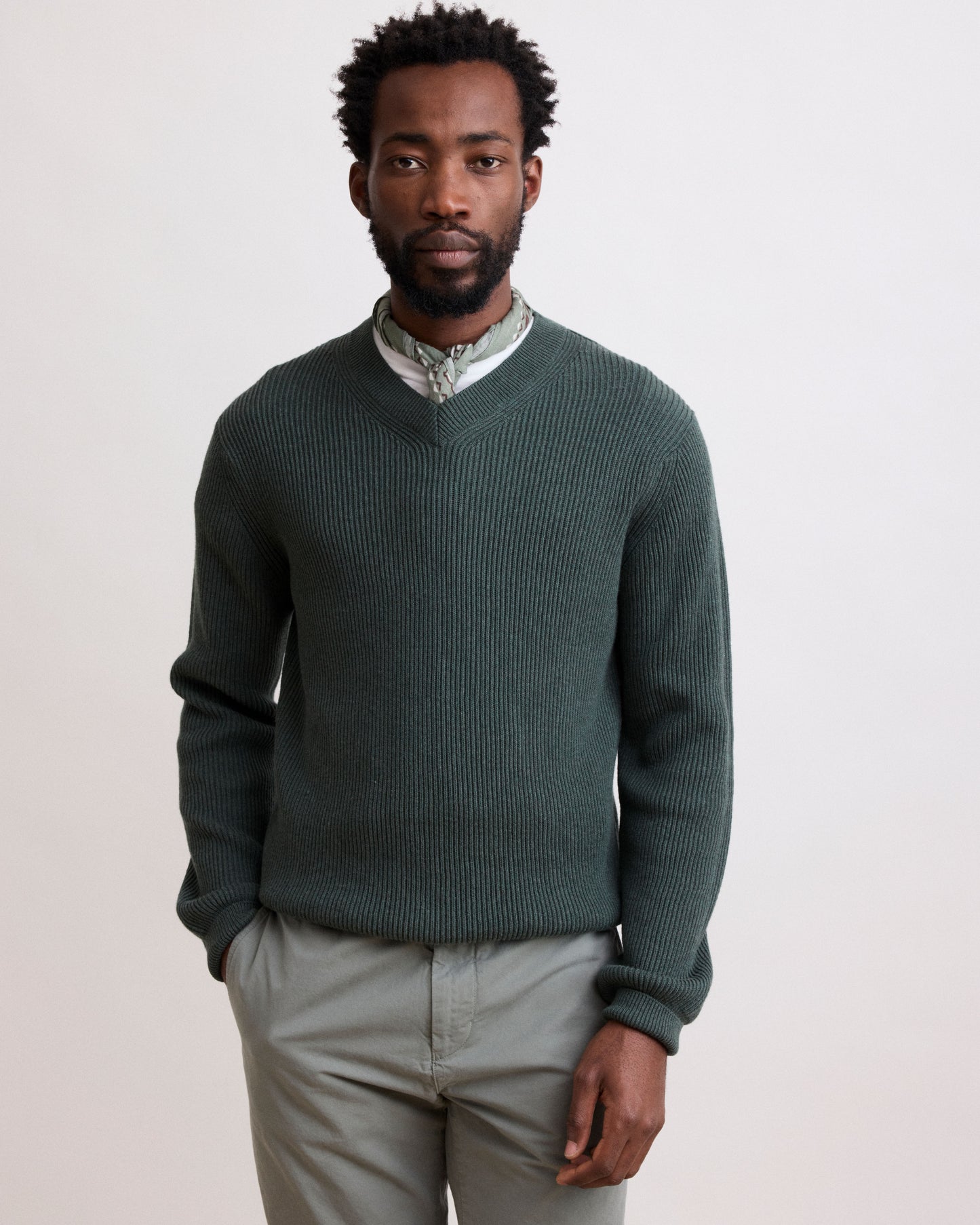 Pull Homme en Coton & Cachemire Vert Rib Vee