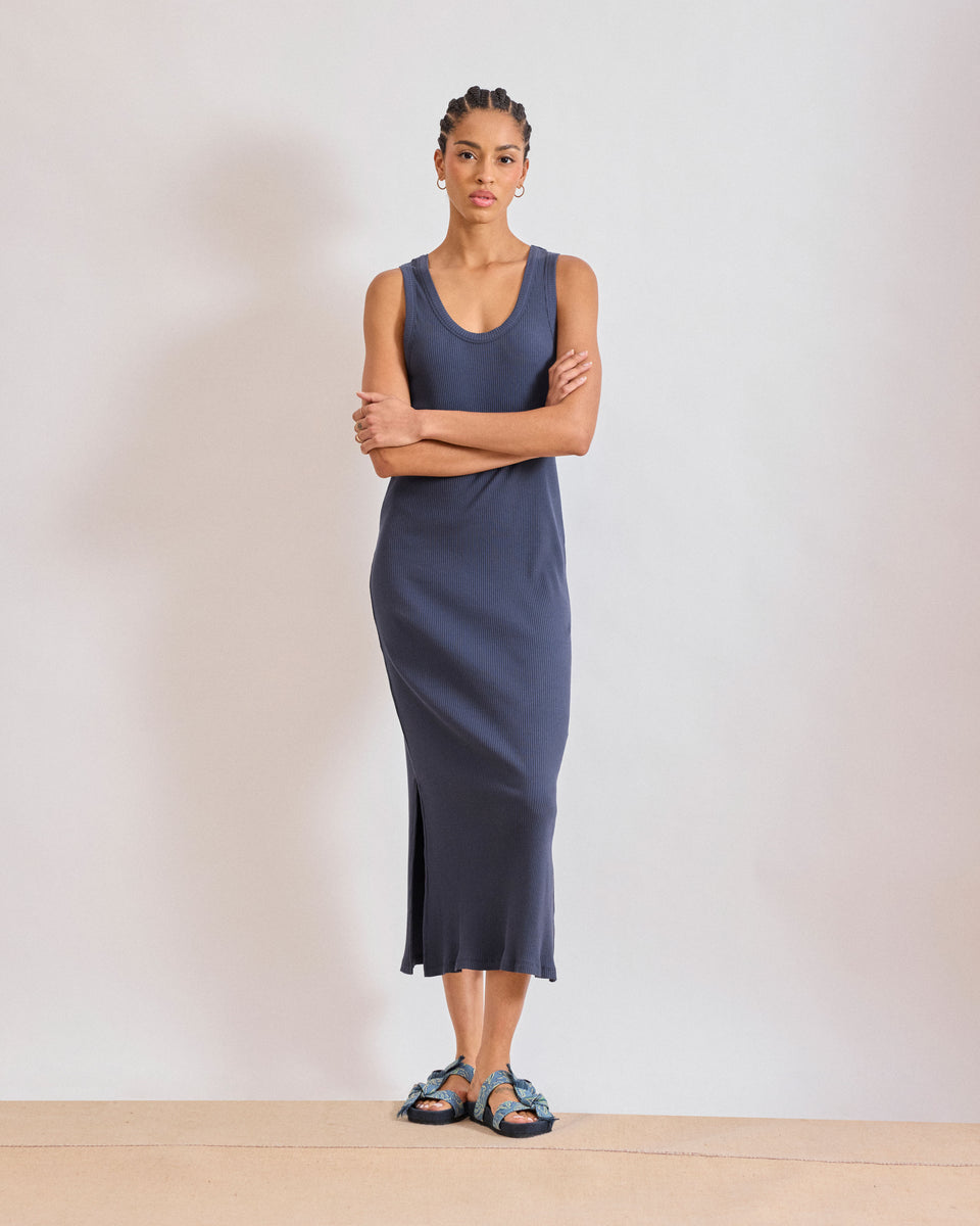 Tea Women's Navy Blue Ribbed Cotton Dress - Image principale