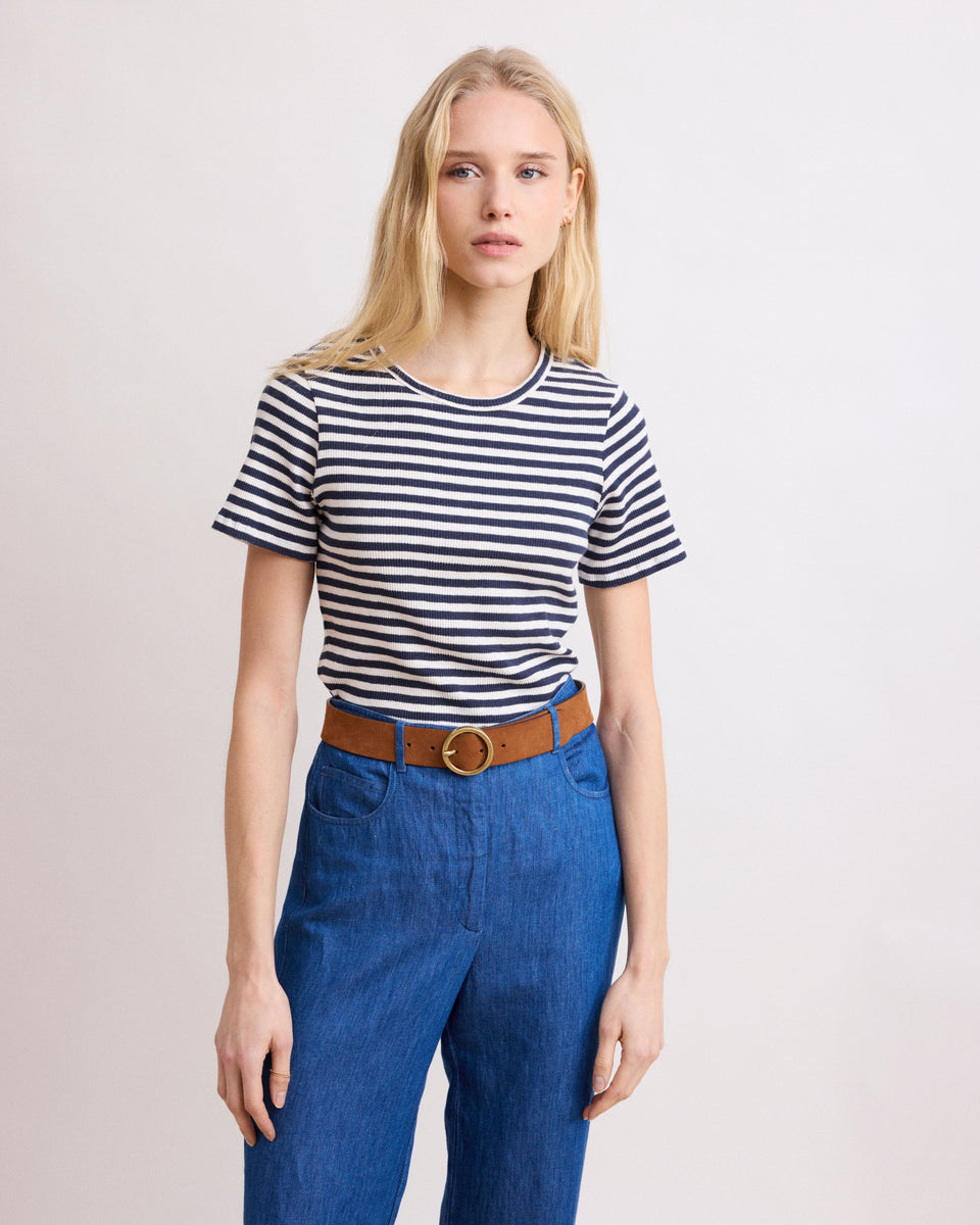 Teofila Women's Off-White & Navy Blue Striped Ribbed Cotton T-shirt - Image principale