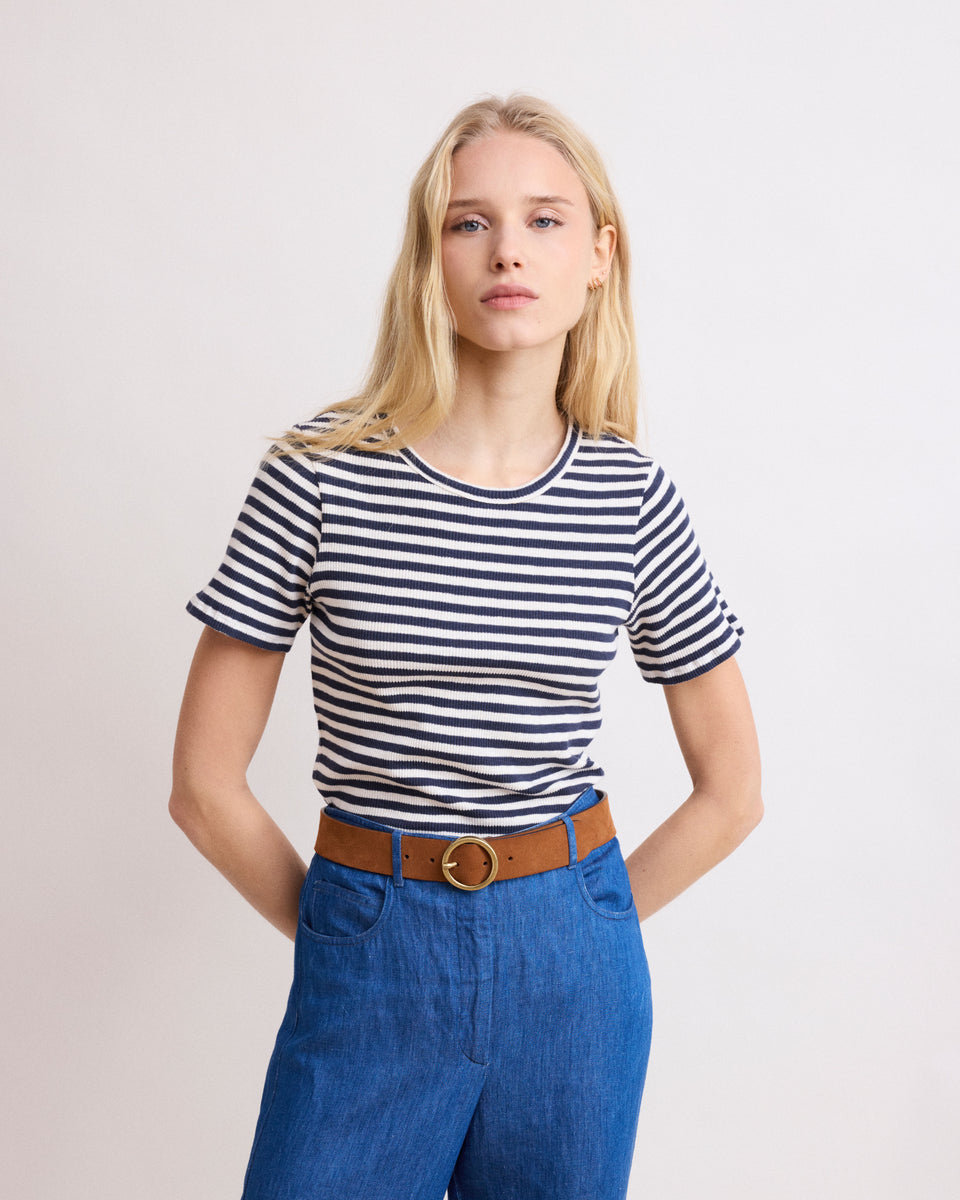 Teofila Women's Off-White & Navy Blue Striped Ribbed Cotton T-shirt - Image alternative