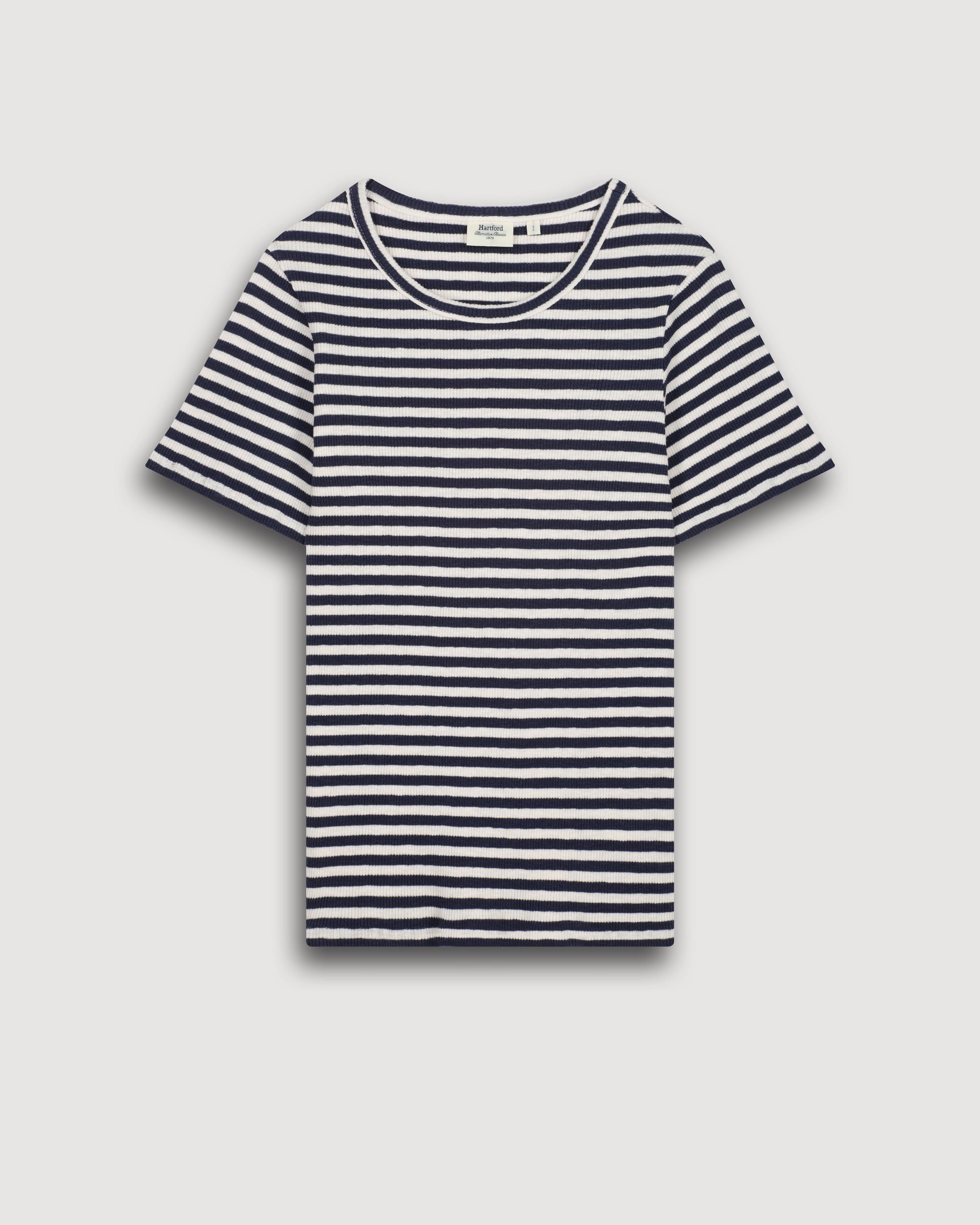 Tee Shirt Femme en Coton Côtelé Rayé Ecru & Bleu Marine Teofila