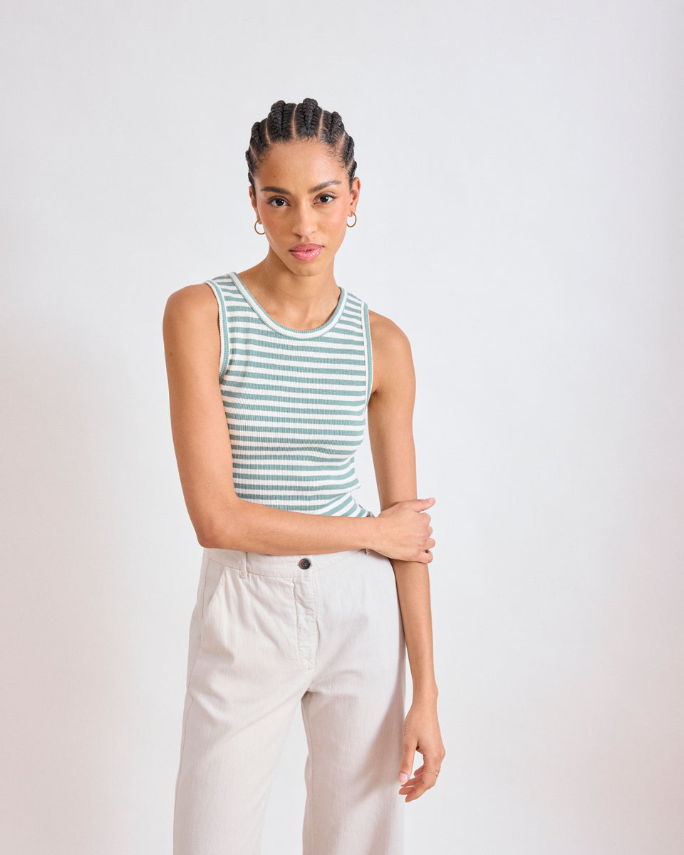 Tenest Women's Off-White & Agave Green Striped Ribbed Cotton Tank Top - Image principale