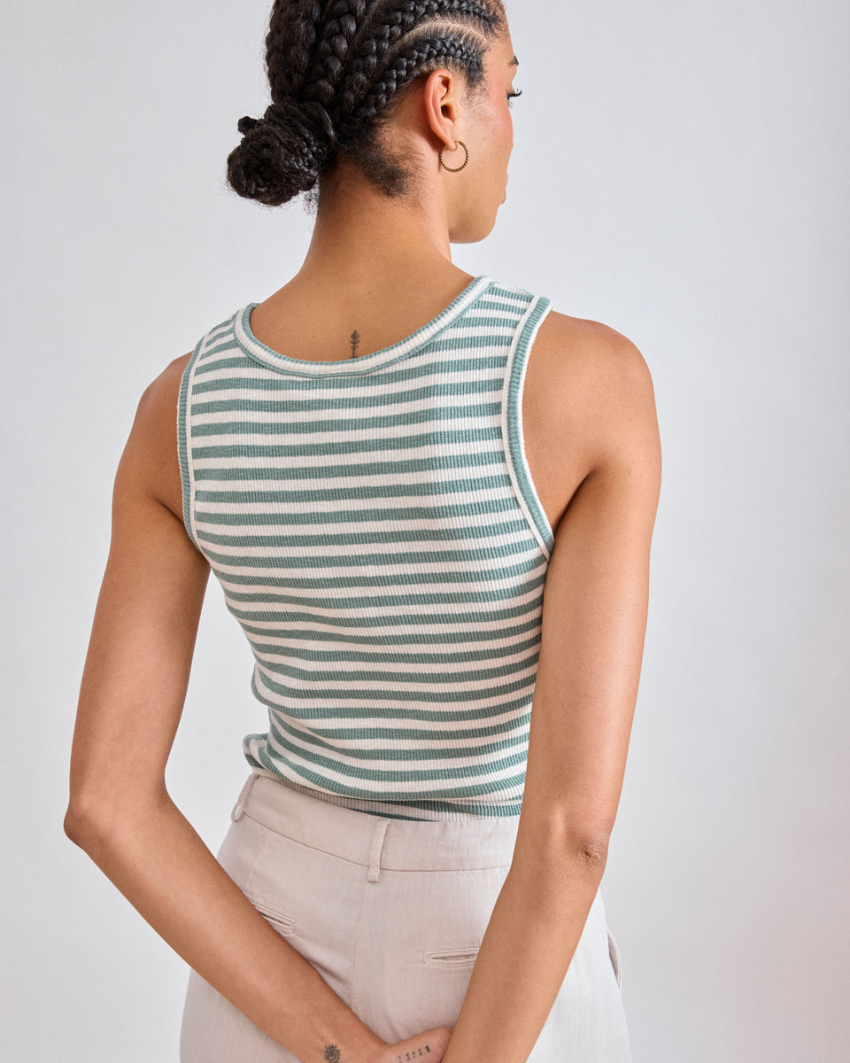 Tenest Women's Off-White & Agave Green Striped Ribbed Cotton Tank Top - Image alternative