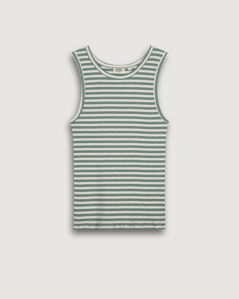 Débardeur Femme en Coton Côtelé Rayé Ecru & Vert Agave Tenest - Image 3