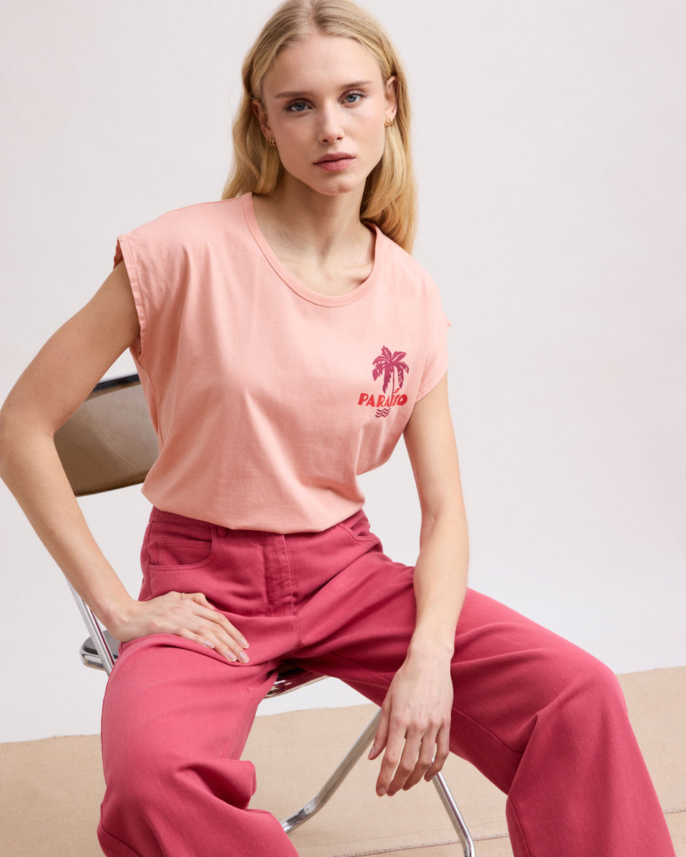 Teraiso Women's Peach Printed Cotton T-shirt - Image principale