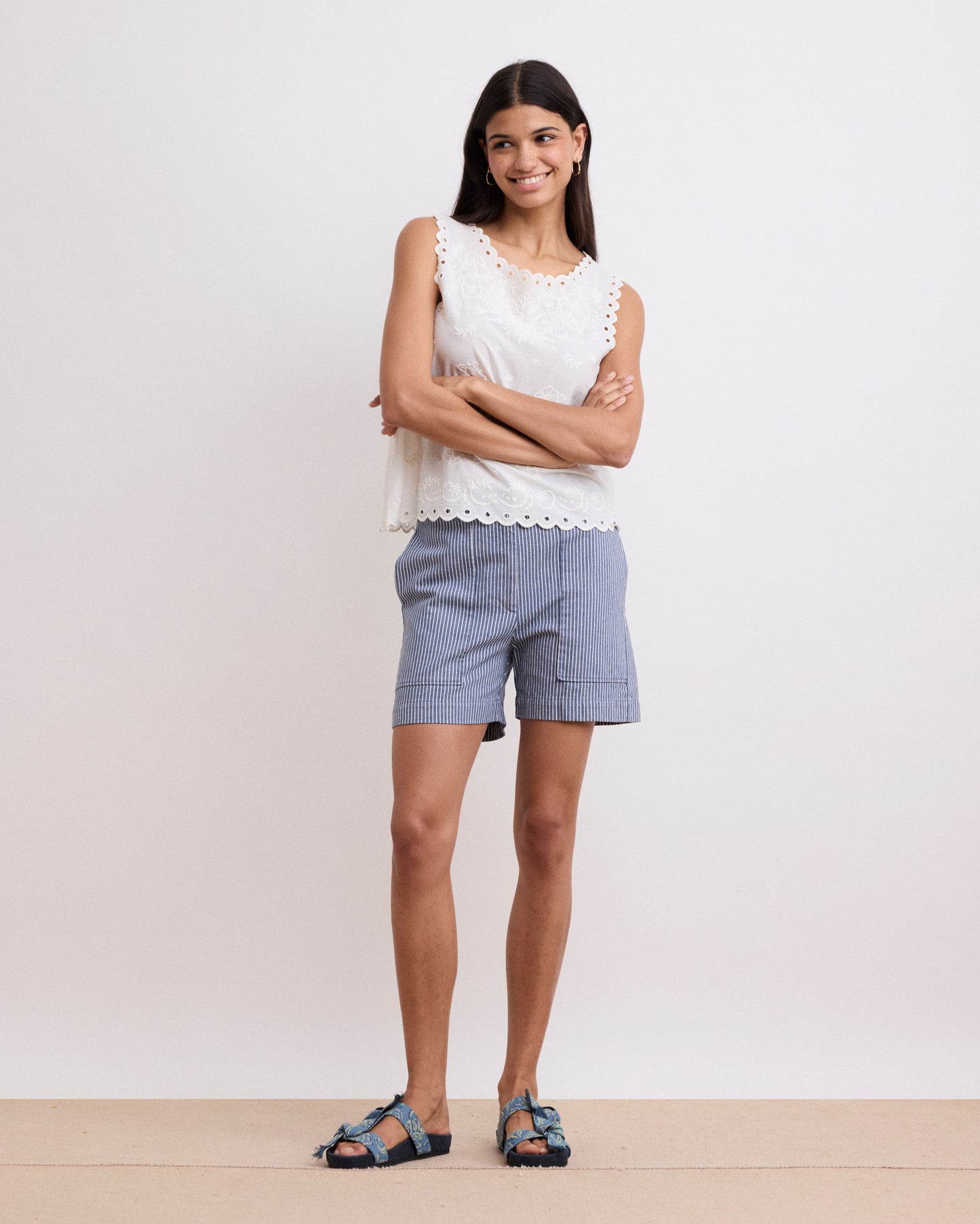 Short Femme en Twill de Coton Rayé Bleu & Blanc Sat