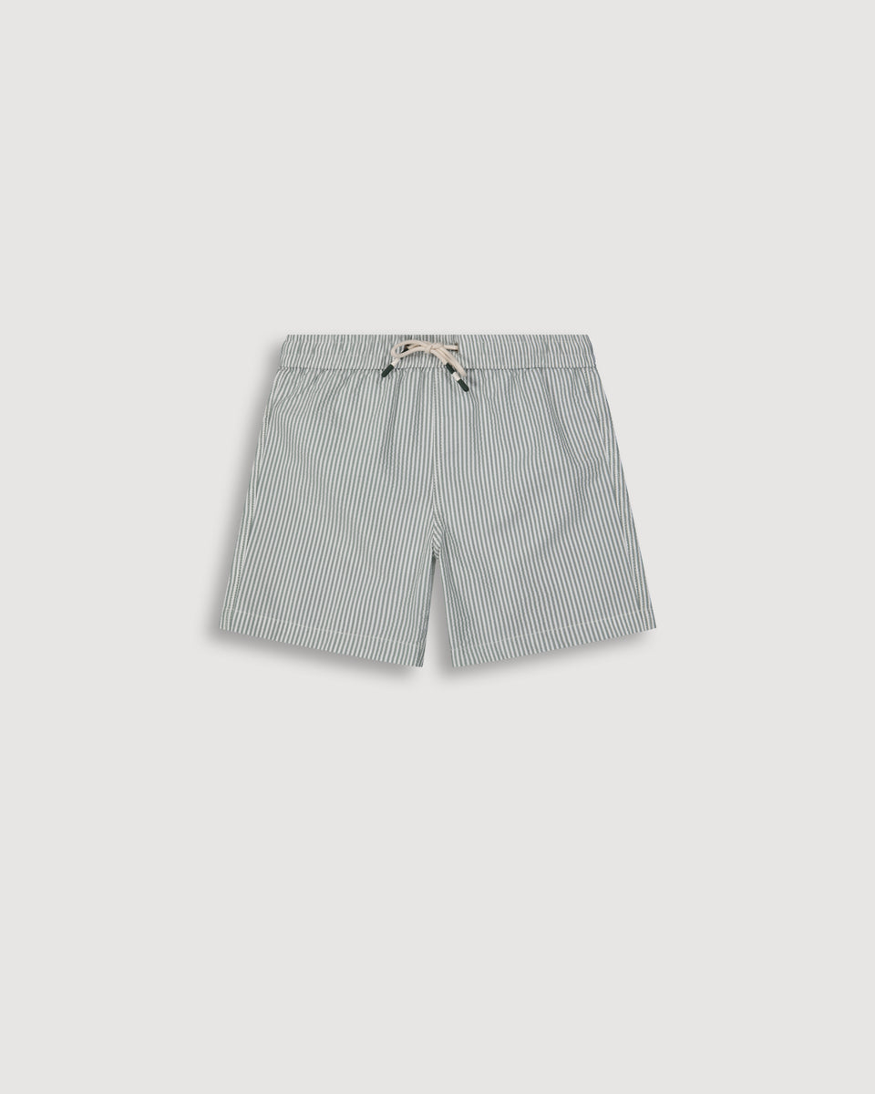 Achille Boy's Army Green Seersucker Swim Trunks - Image principale