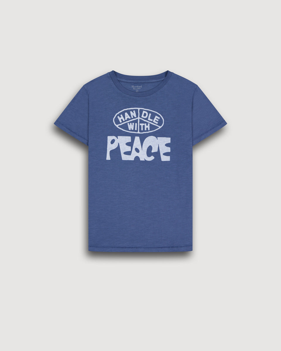 Boy's Cobalt Blue “Peace” Printed Slub Jersey T-shirt - Image principale