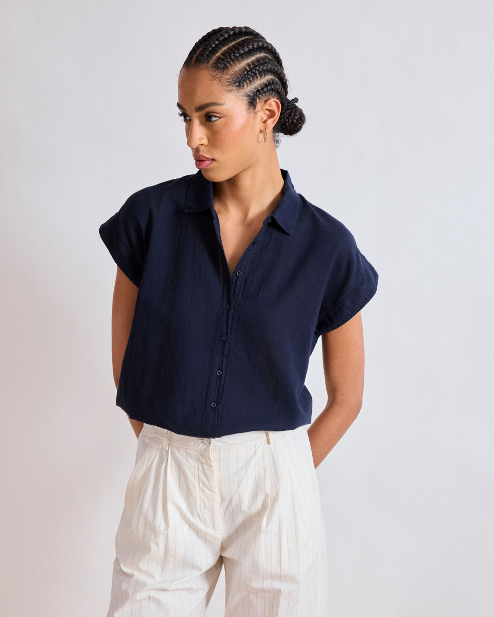 Chemise Femme en Coton Bi-Matière Bleu Marine Teno - Image principale