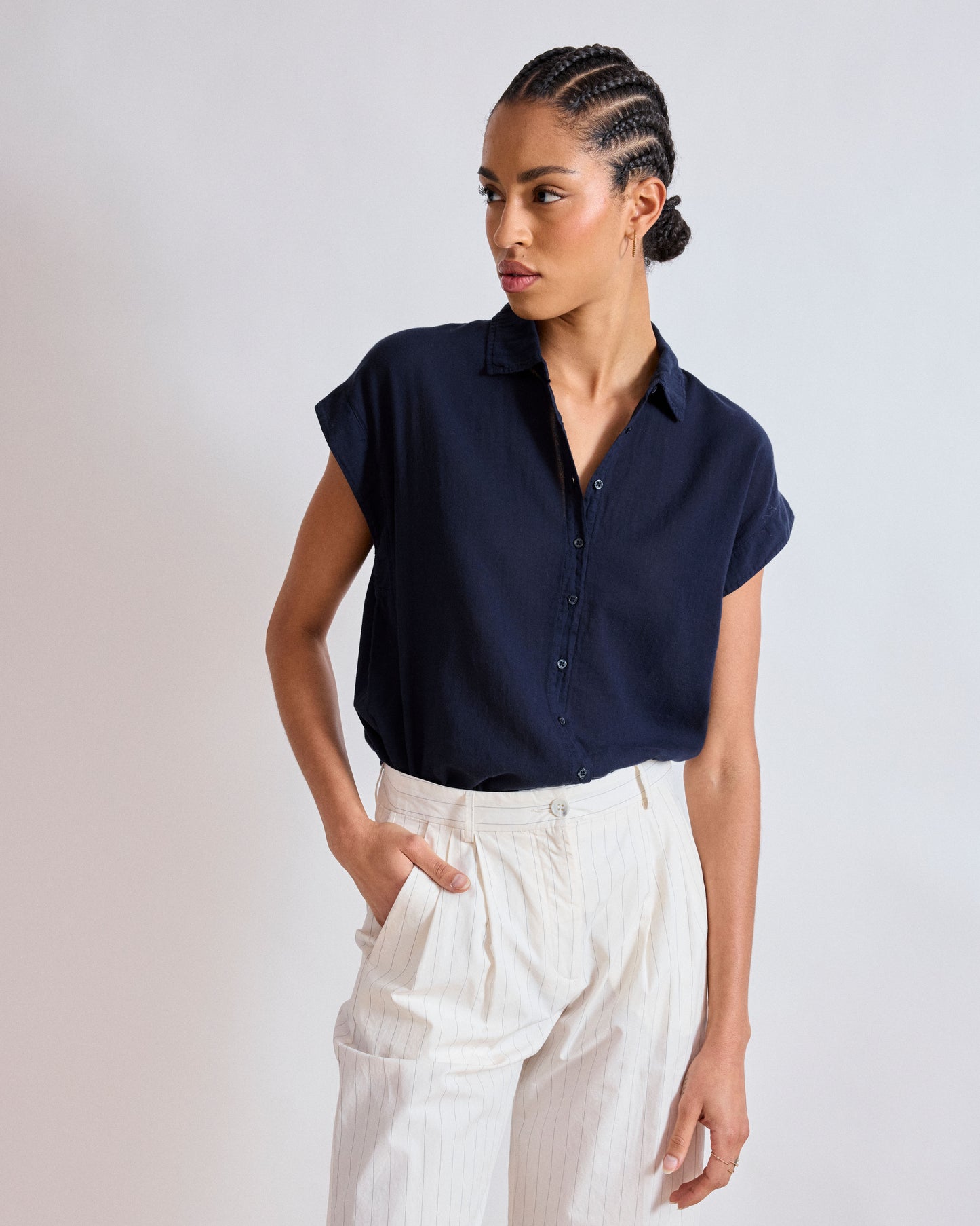 Chemise Femme en Coton Bi-Matière Bleu Marine Teno