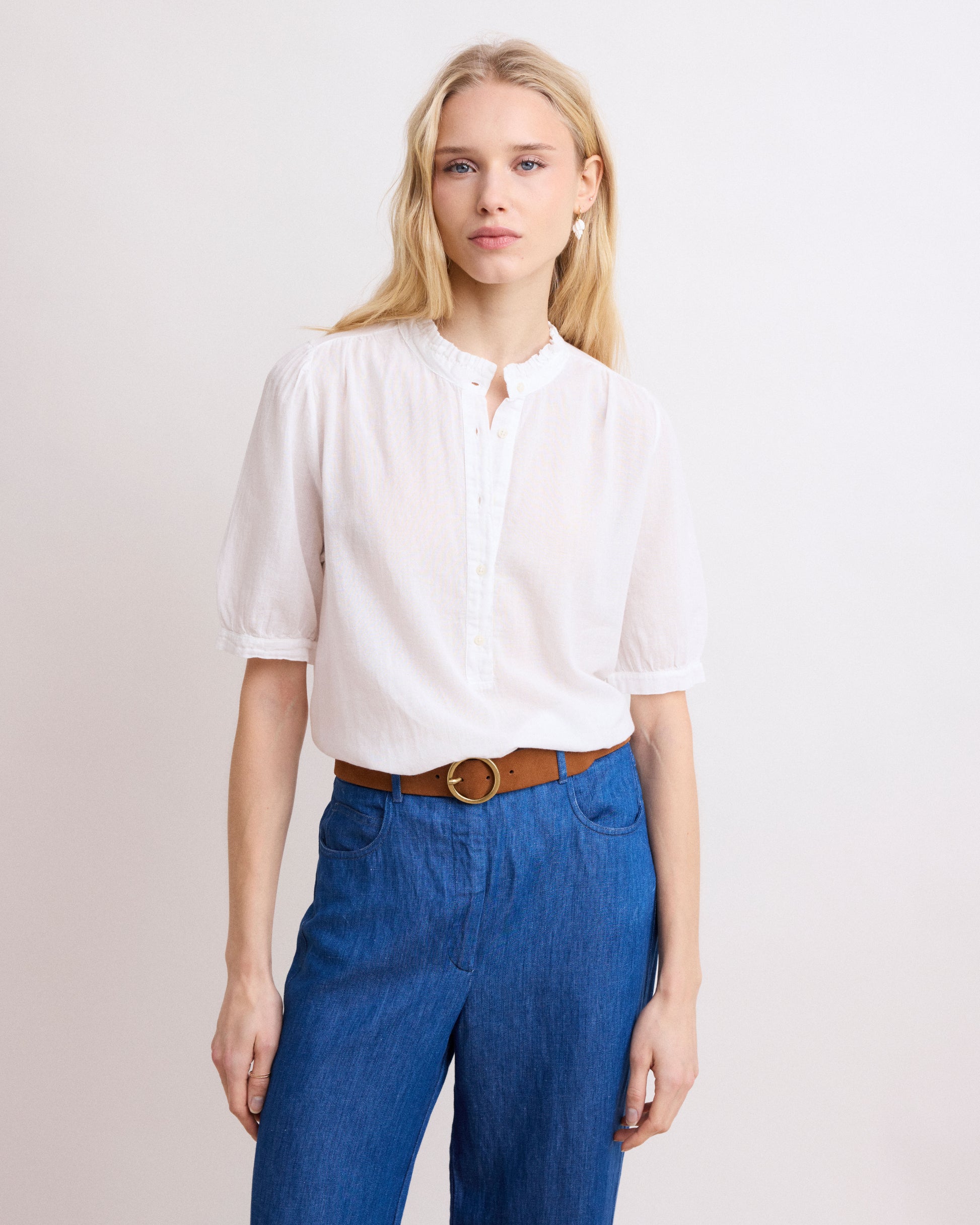 Blouse Femme en Coton Bi-Matière Blanc Teena