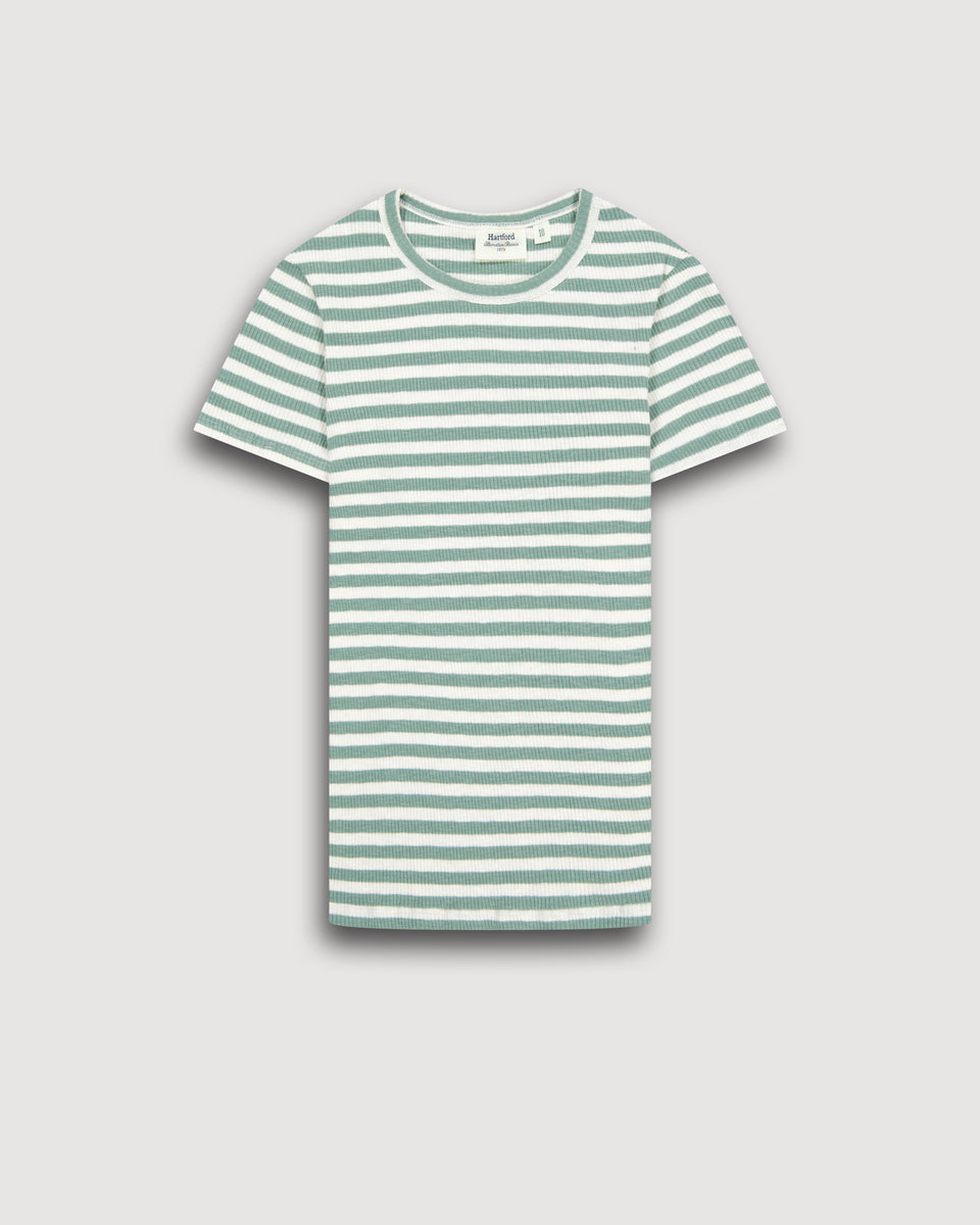 Teofila Girl's Off-White & Agave Green Striped Ribbed Cotton T-shirt - Image principale