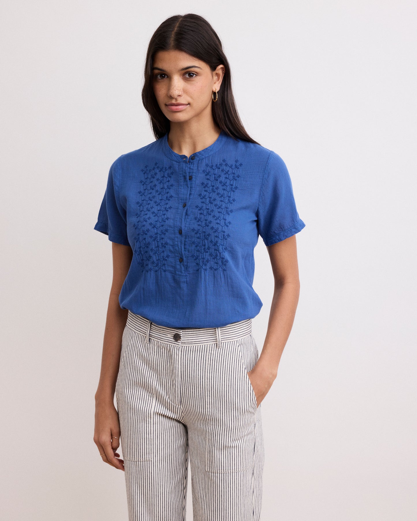 Tee Shirt Femme en Coton Bi-Matière Bleu Marine Tuva