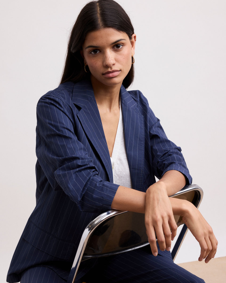 Victo Women's Navy Blue Striped Poplin Jacket - Image principale