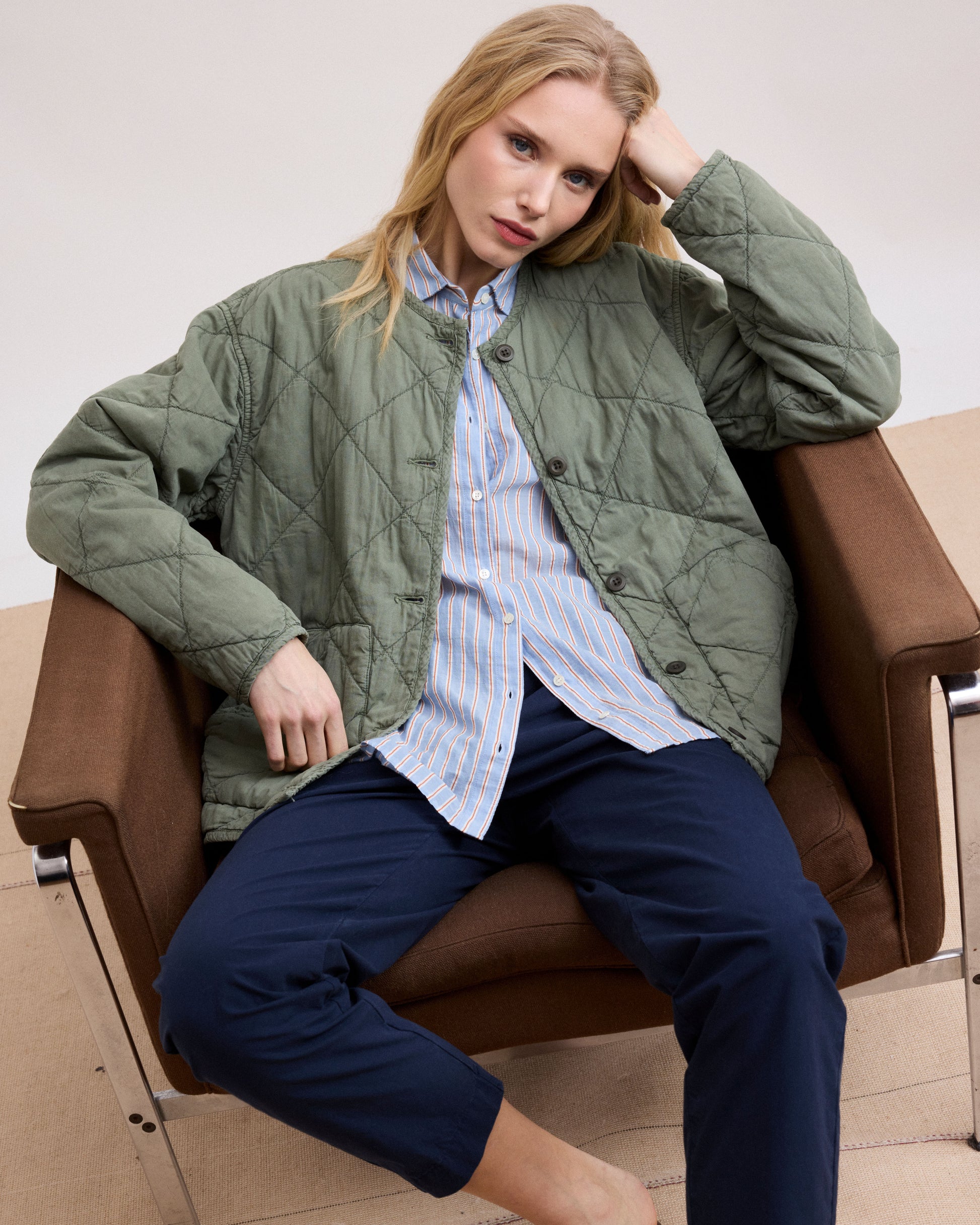 Veste Femme en Gabardine de Coton Matelassée Vert Militaire Vamos