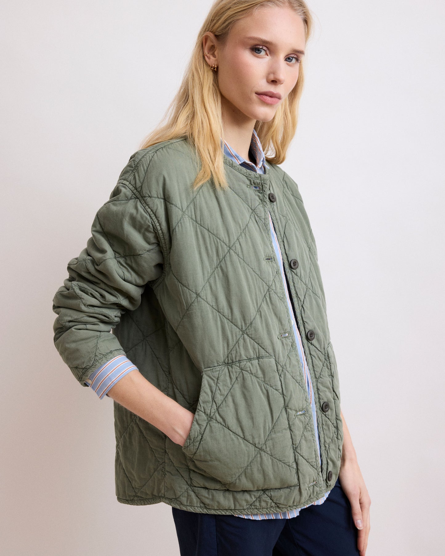 Veste Femme en Gabardine de Coton Matelassée Vert Militaire Vamos