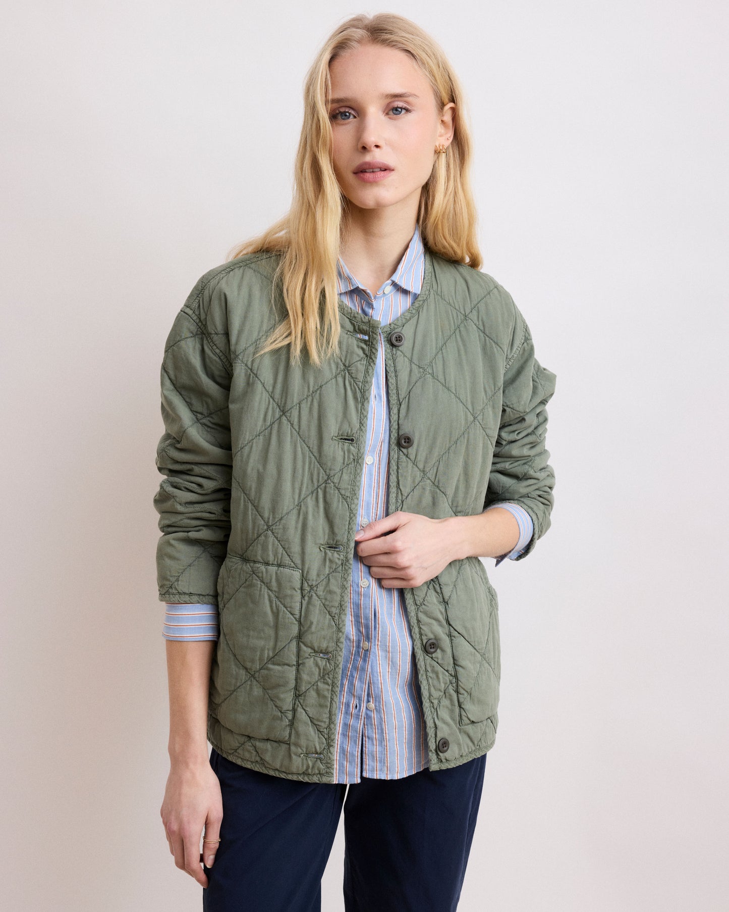 Veste Femme en Gabardine de Coton Matelassée Vert Militaire Vamos