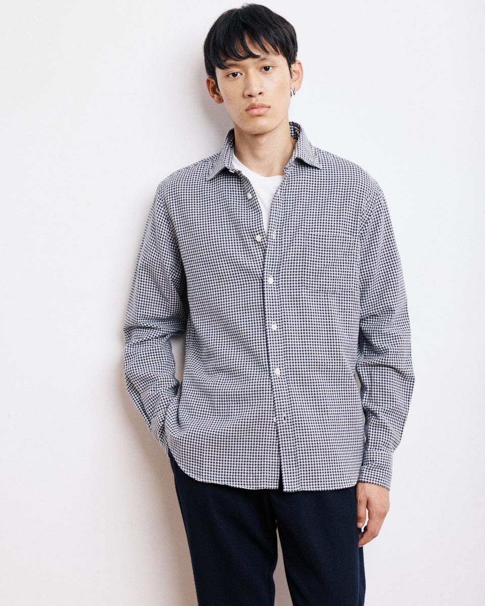 Paul Men's Navy Blue & Ivory Brushed Checked Flannel Shirt - Image alternative