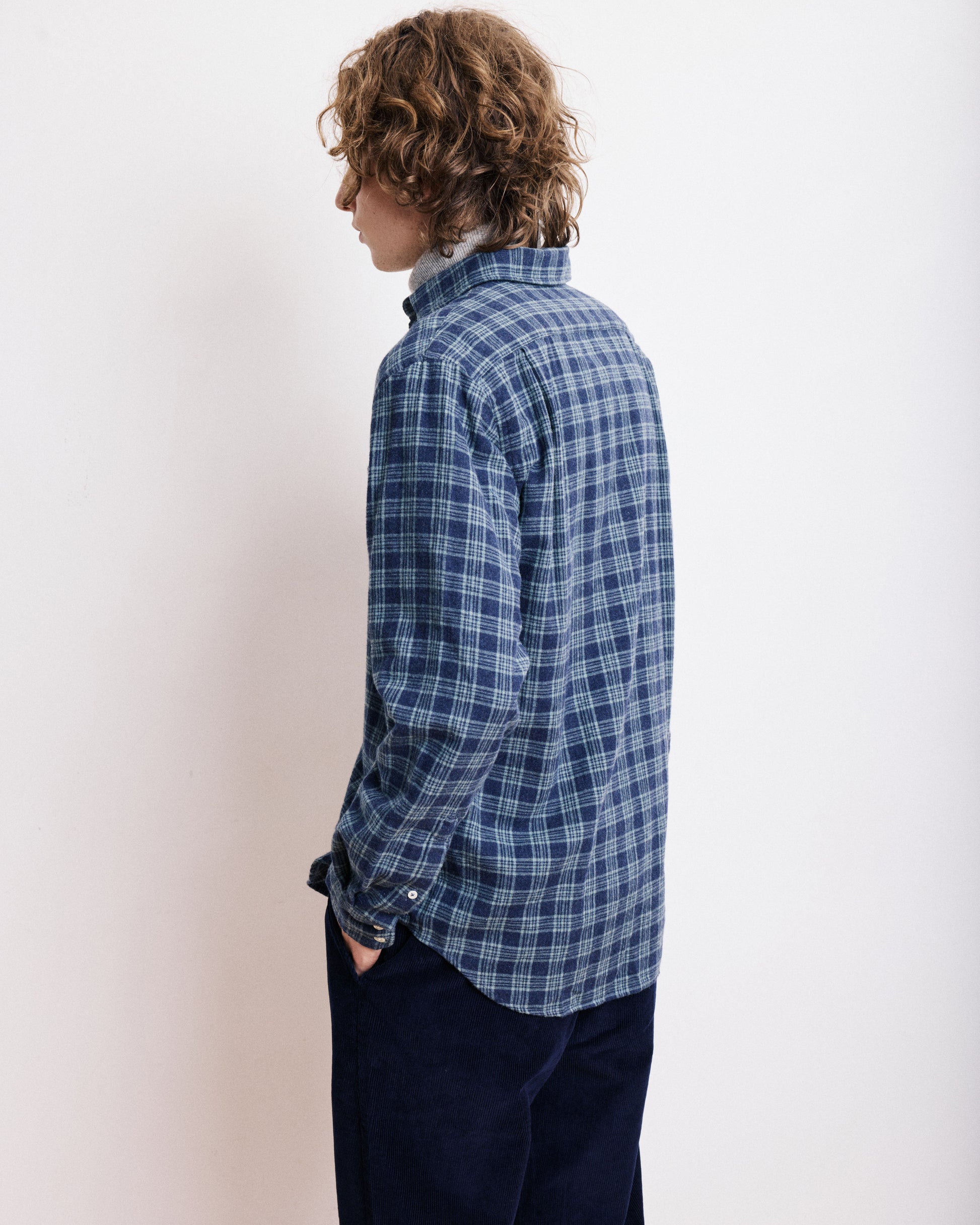 Chemise Homme en Coton Brossé à Carreaux Bleu Marine & Vert Paul