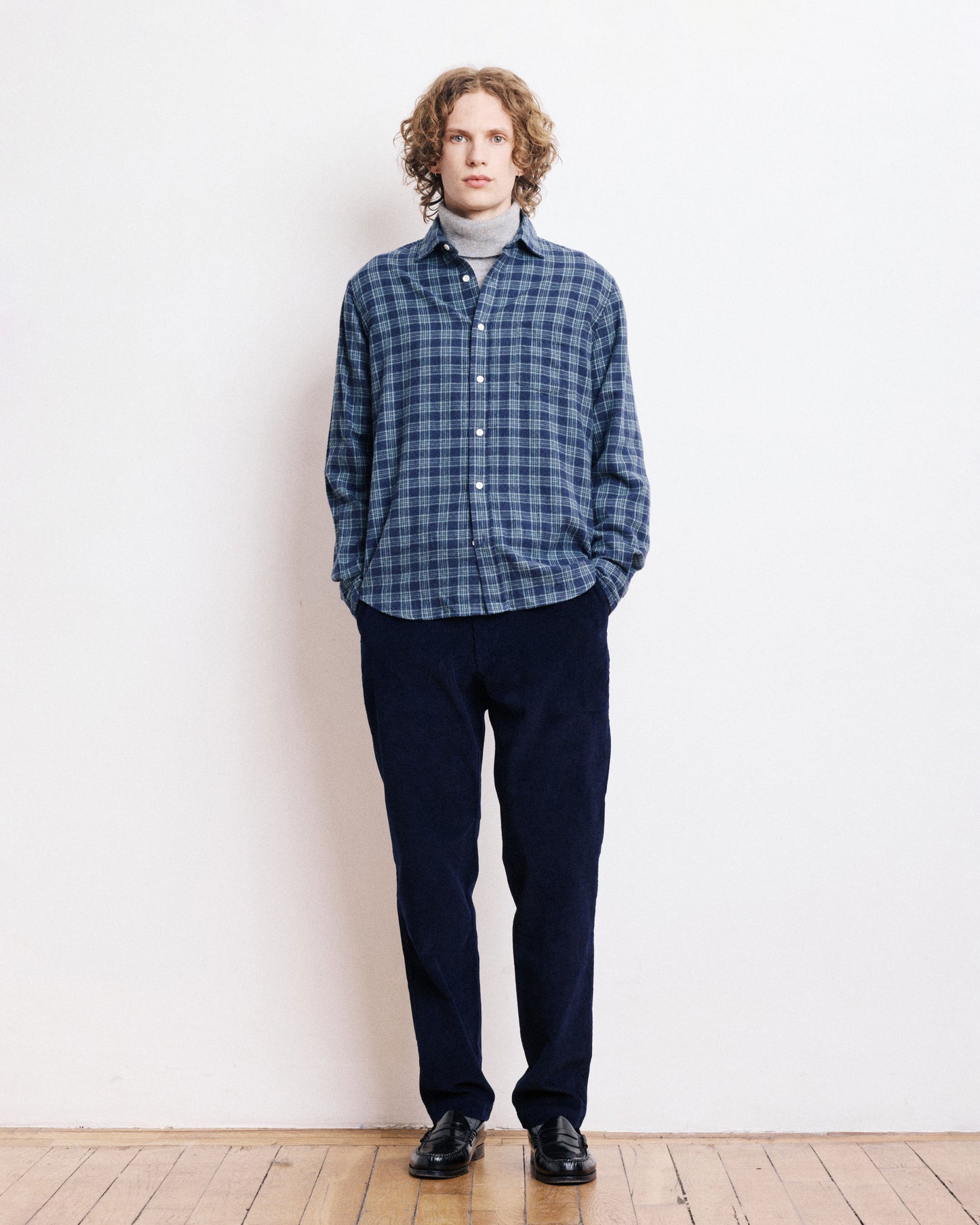 Chemise Homme en Coton Brossé à Carreaux Bleu Marine & Vert Paul
