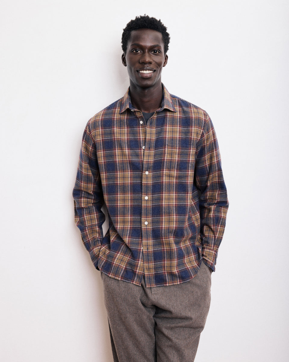 Paul Men's Blue & Gold Brushed Check Cotton Shirt - Image principale