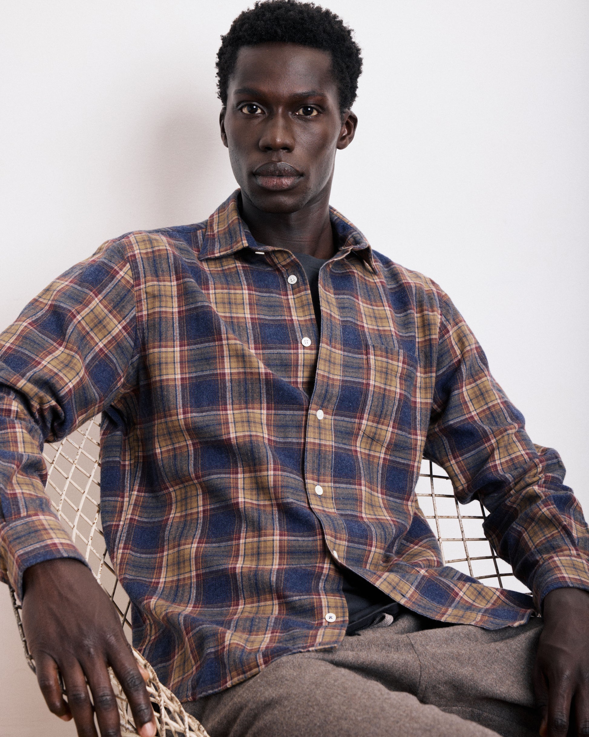 Chemise Homme en Coton Brossé à Carreaux Bleu & Or Paul