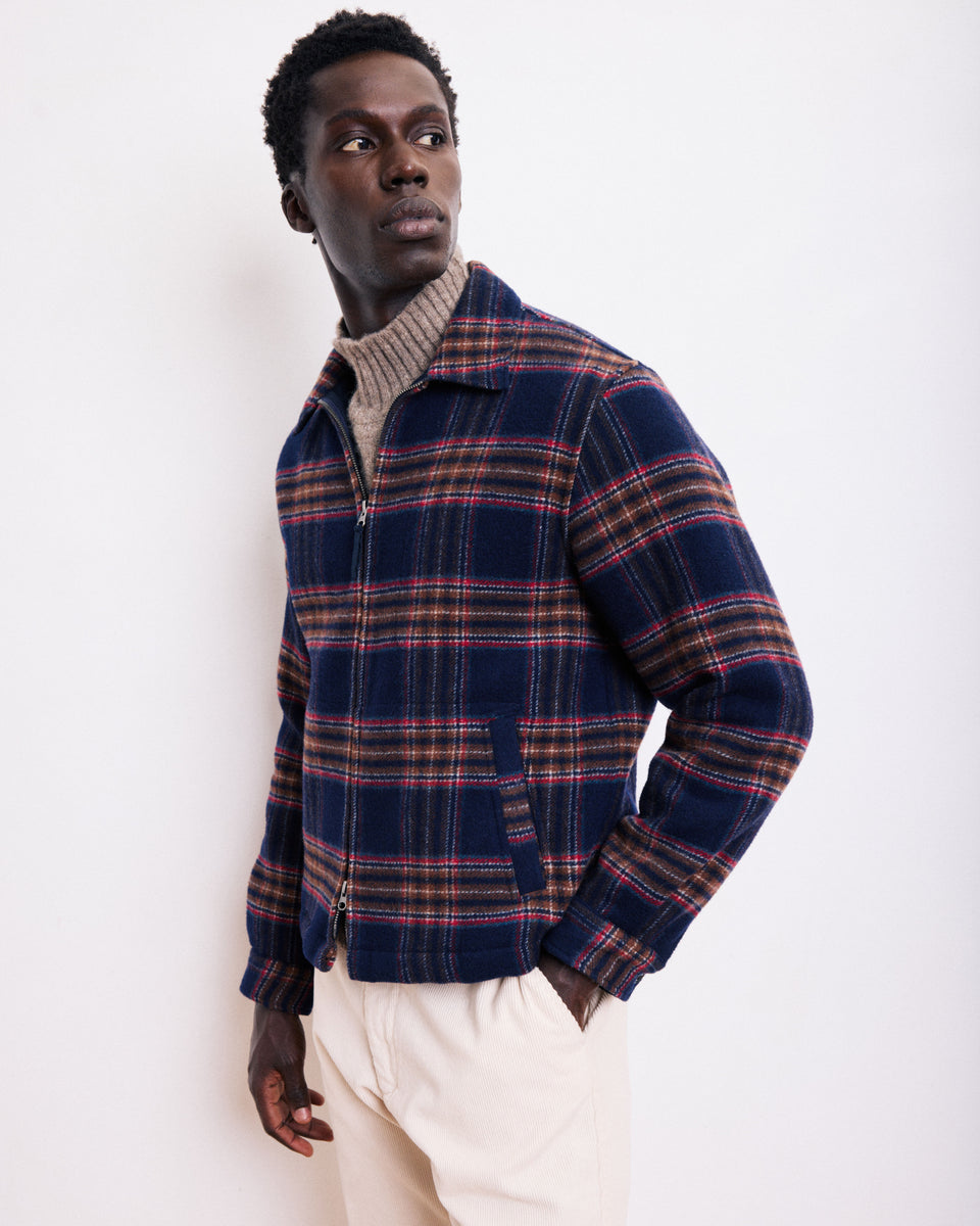 Dave Men's Navy Blue Checked Double Face Wool Jacket - Image principale