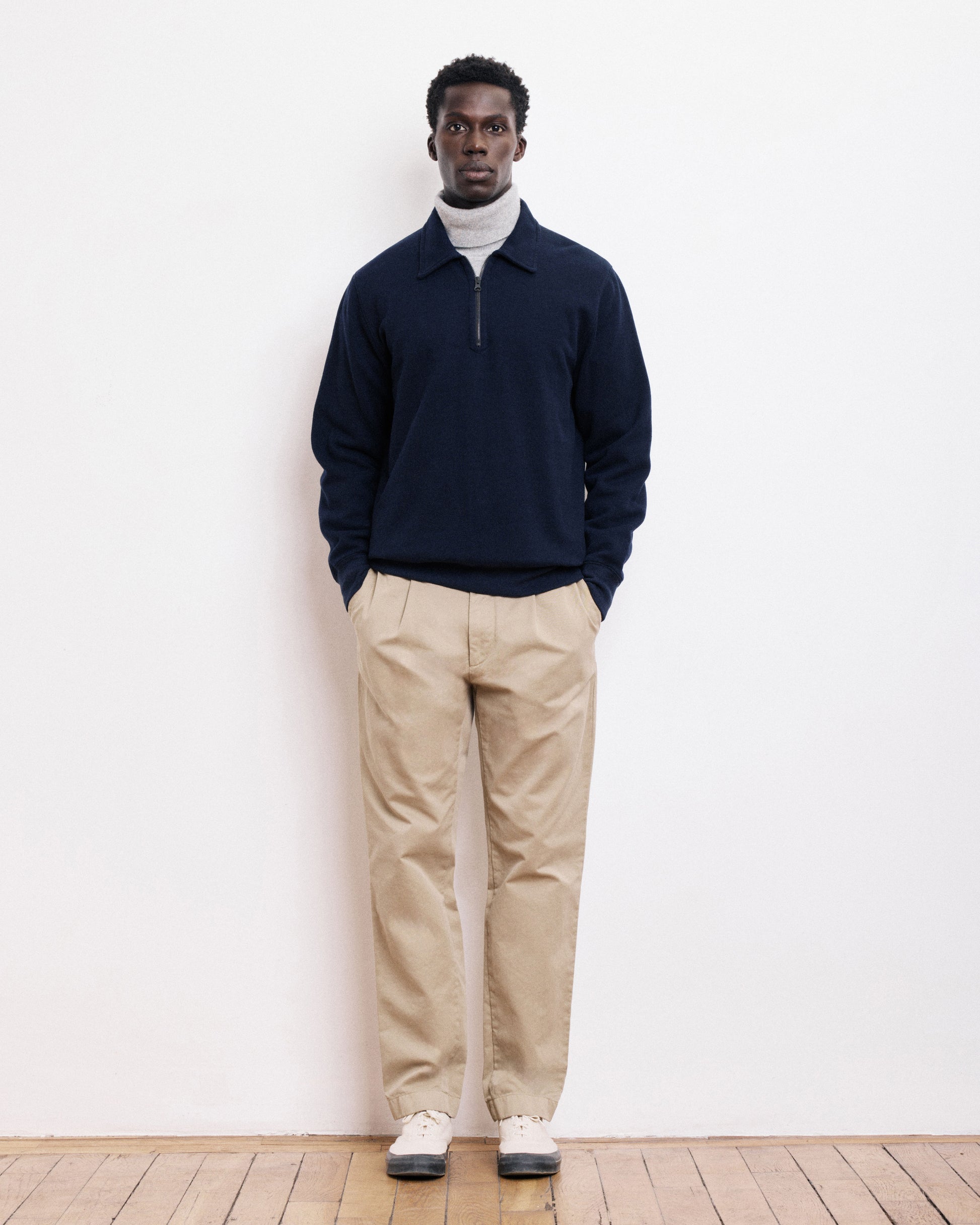 Sweatshirt Homme en Coton & Laine Bleu Marine Polo Zipper
