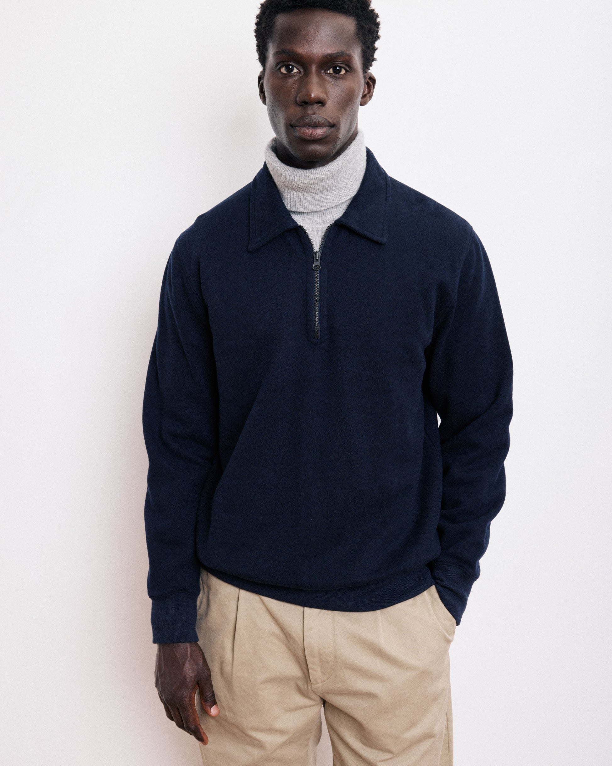 Sweatshirt Homme en Coton & Laine Bleu Marine Polo Zipper